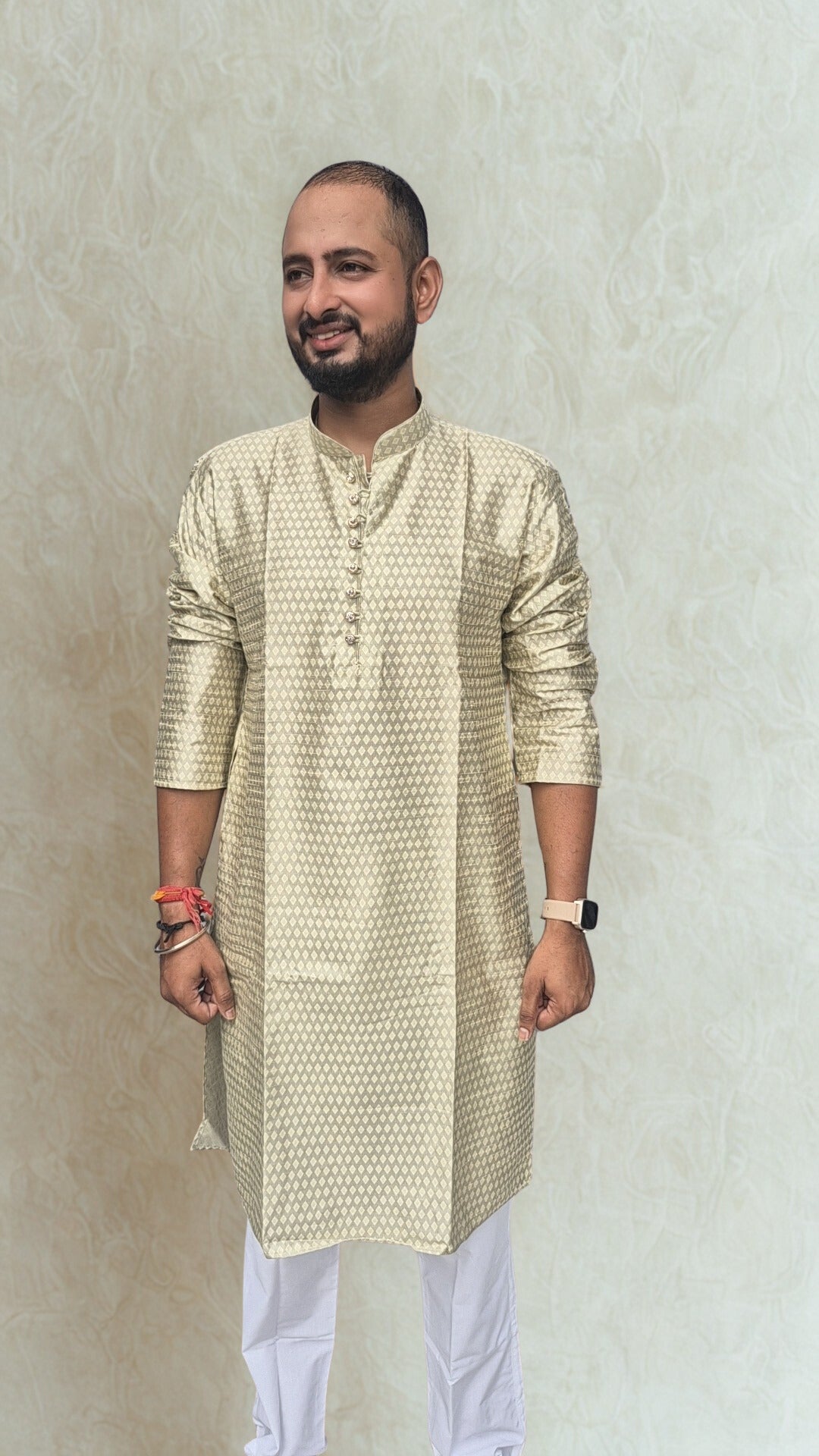 Men's Silk Woven Design Straight Kurta With Trouser Set
