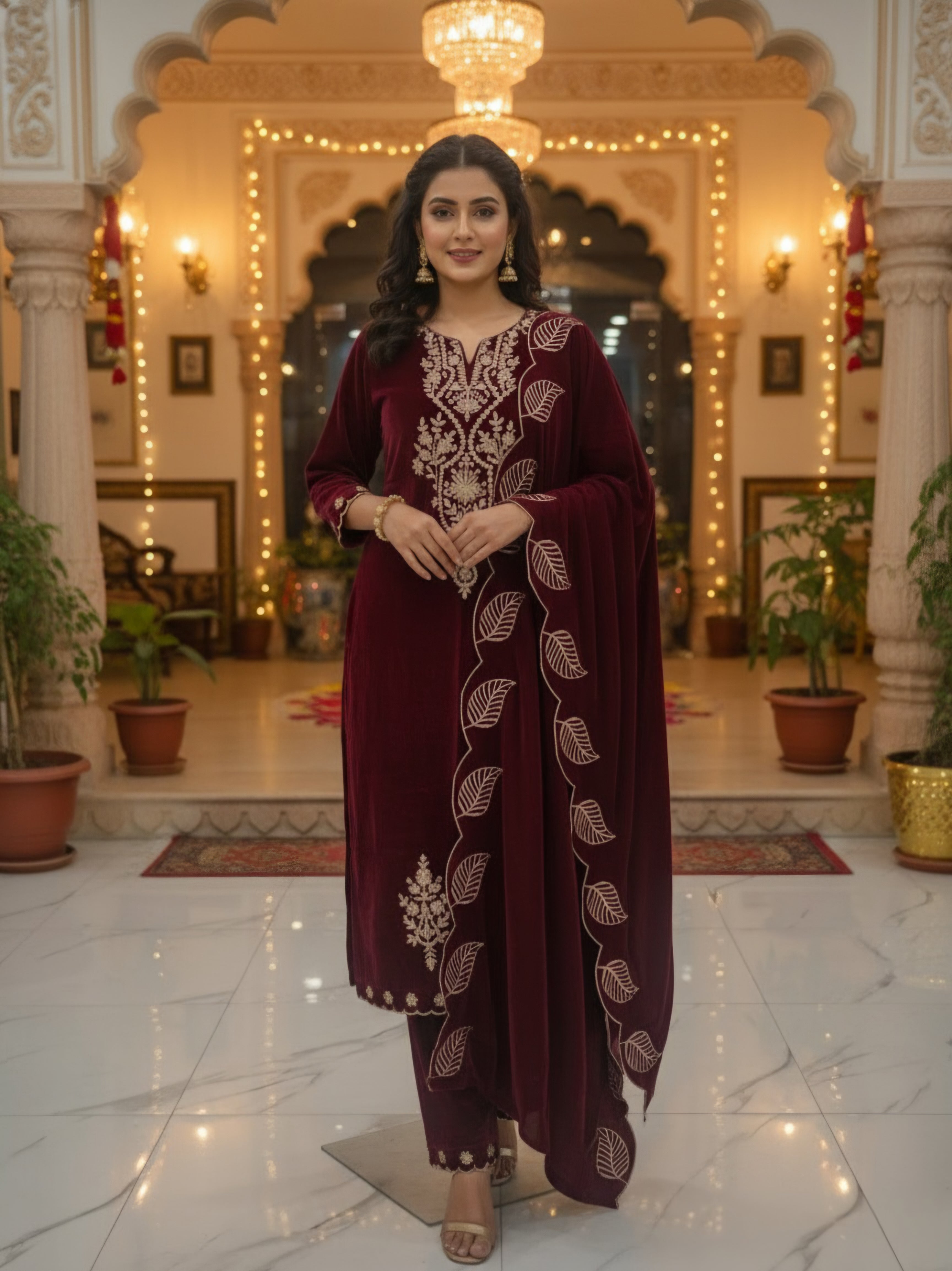 Women Velvet Ethnic Kurta Set With Dupatta