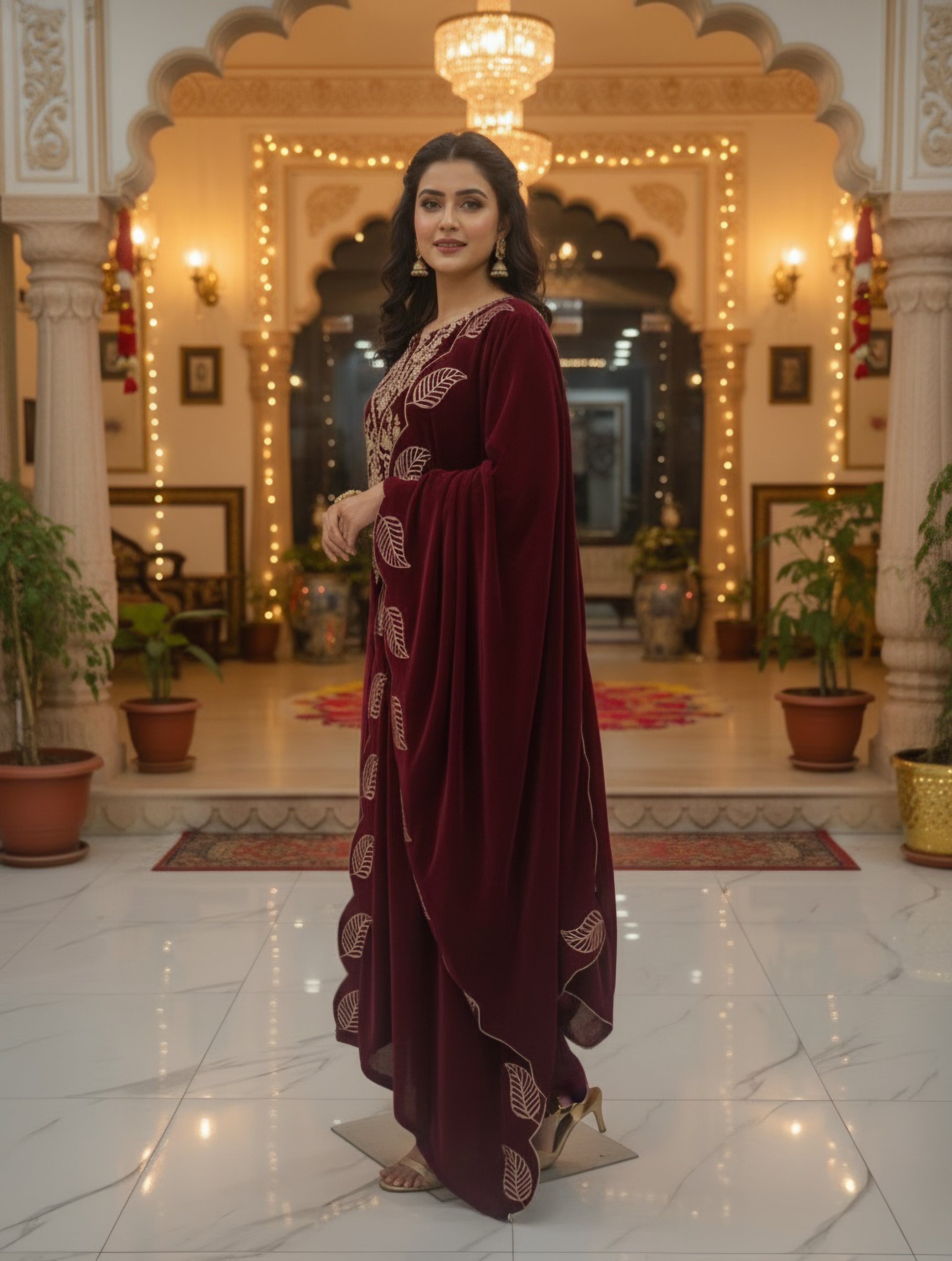 Women Velvet Ethnic Kurta Set With Dupatta