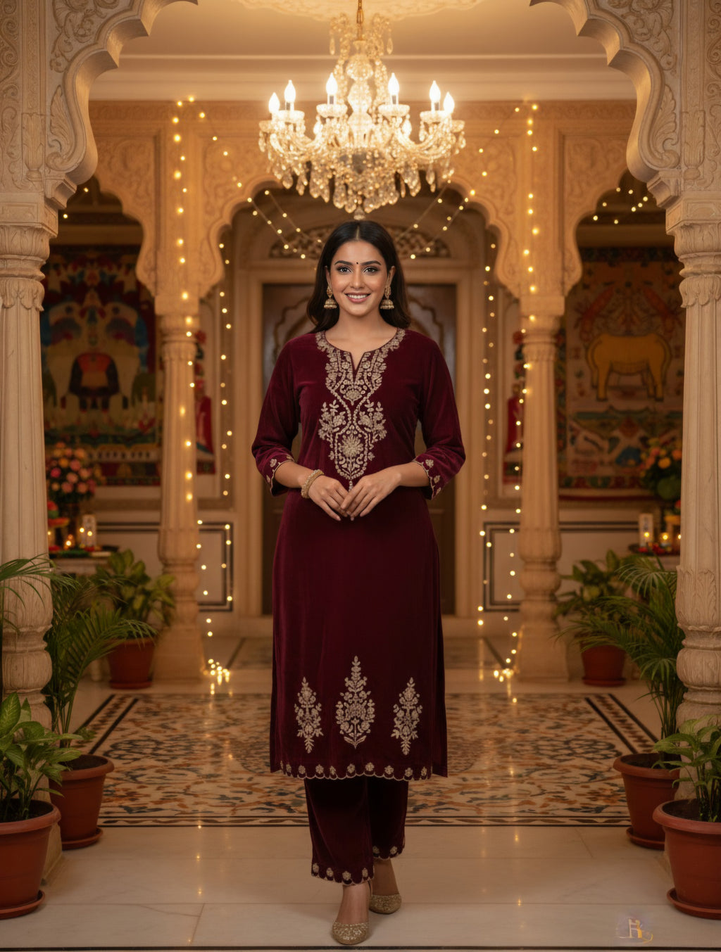 Women Velvet Ethnic Kurta Set With Dupatta