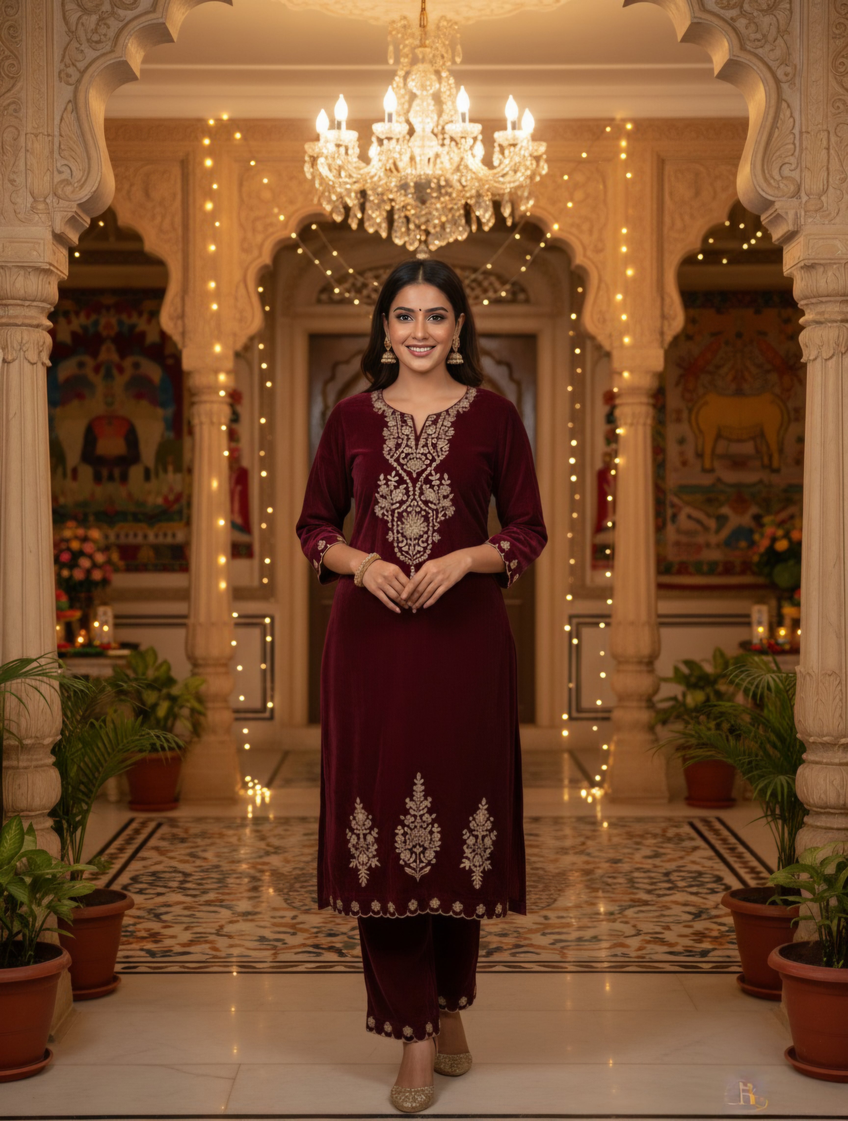 Women Velvet Ethnic Kurta Set With Dupatta