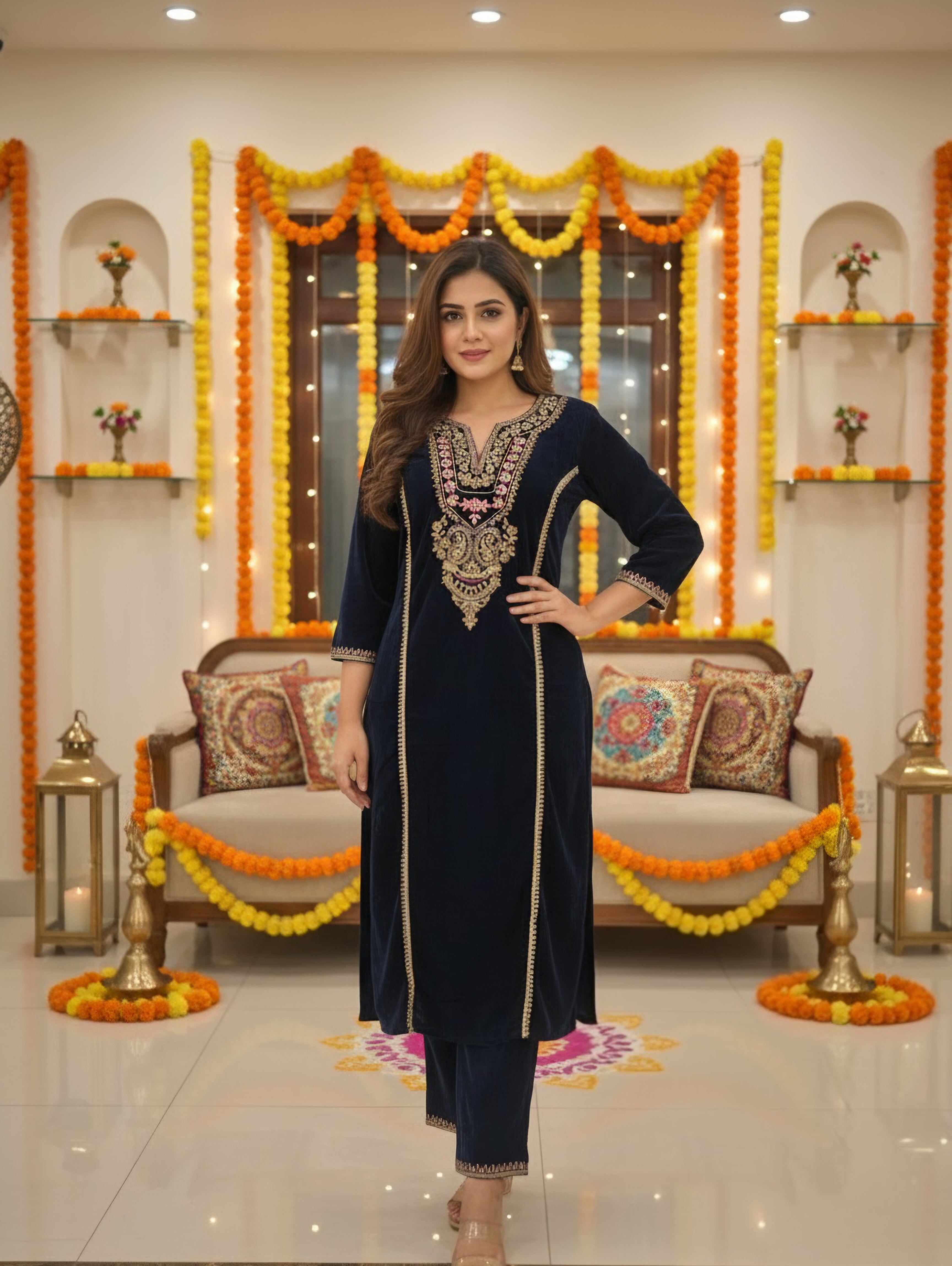 Women Velvet Ethnic Kurta Set With Dupatta