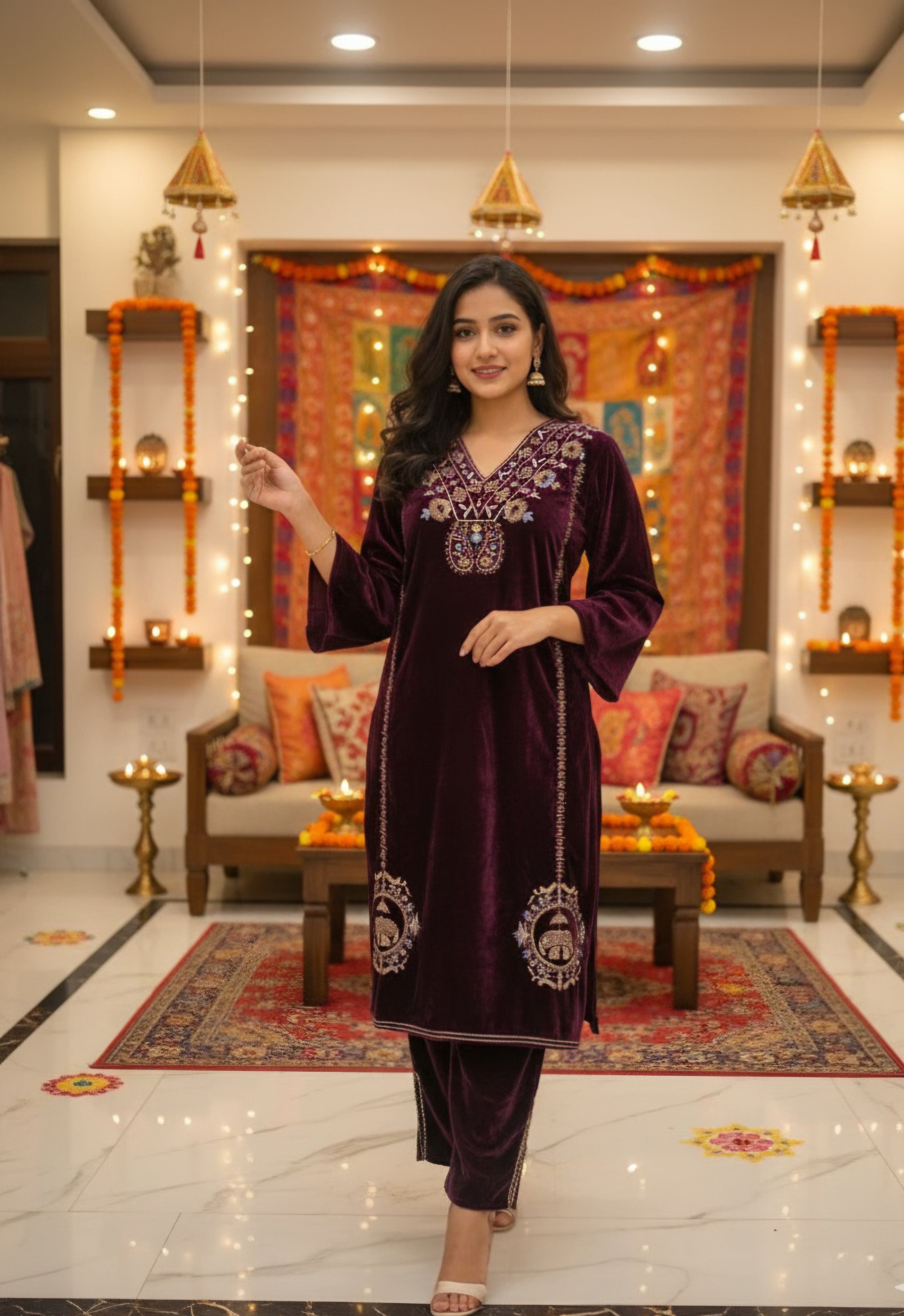 Women Velvet Ethnic Kurta Set With Dupatta