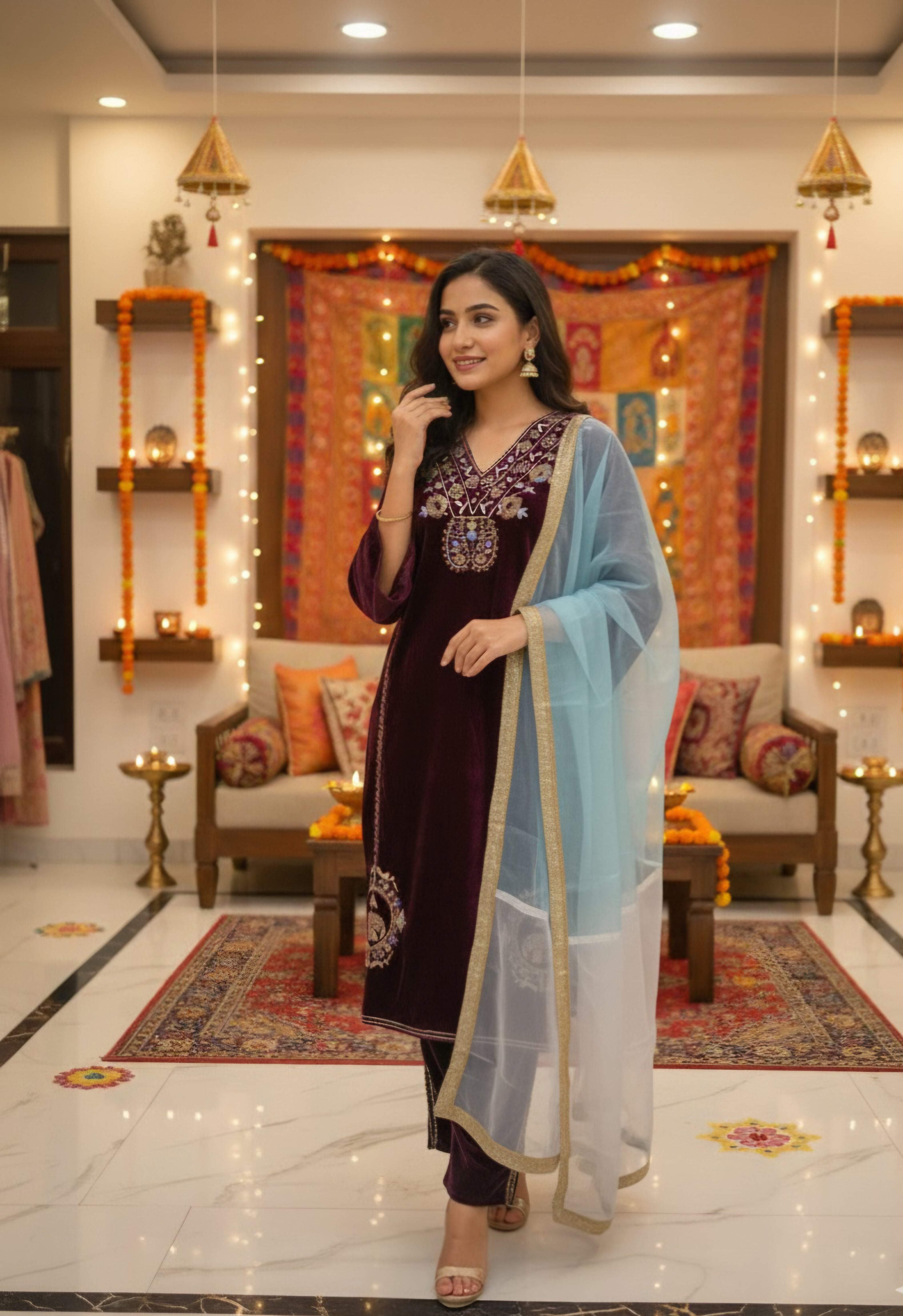 Women Velvet Ethnic Kurta Set With Dupatta