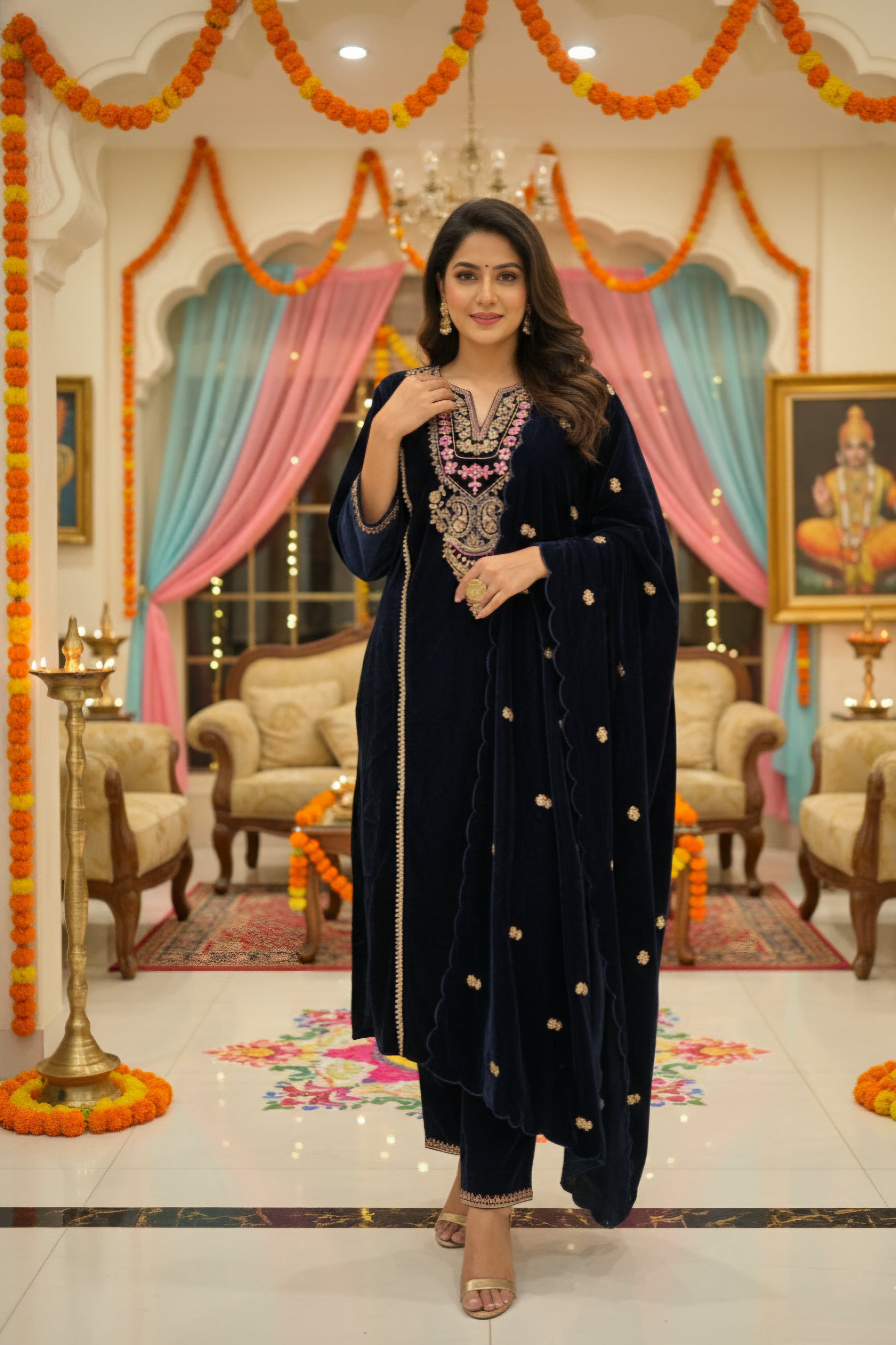 Women Velvet Ethnic Kurta Set With Dupatta