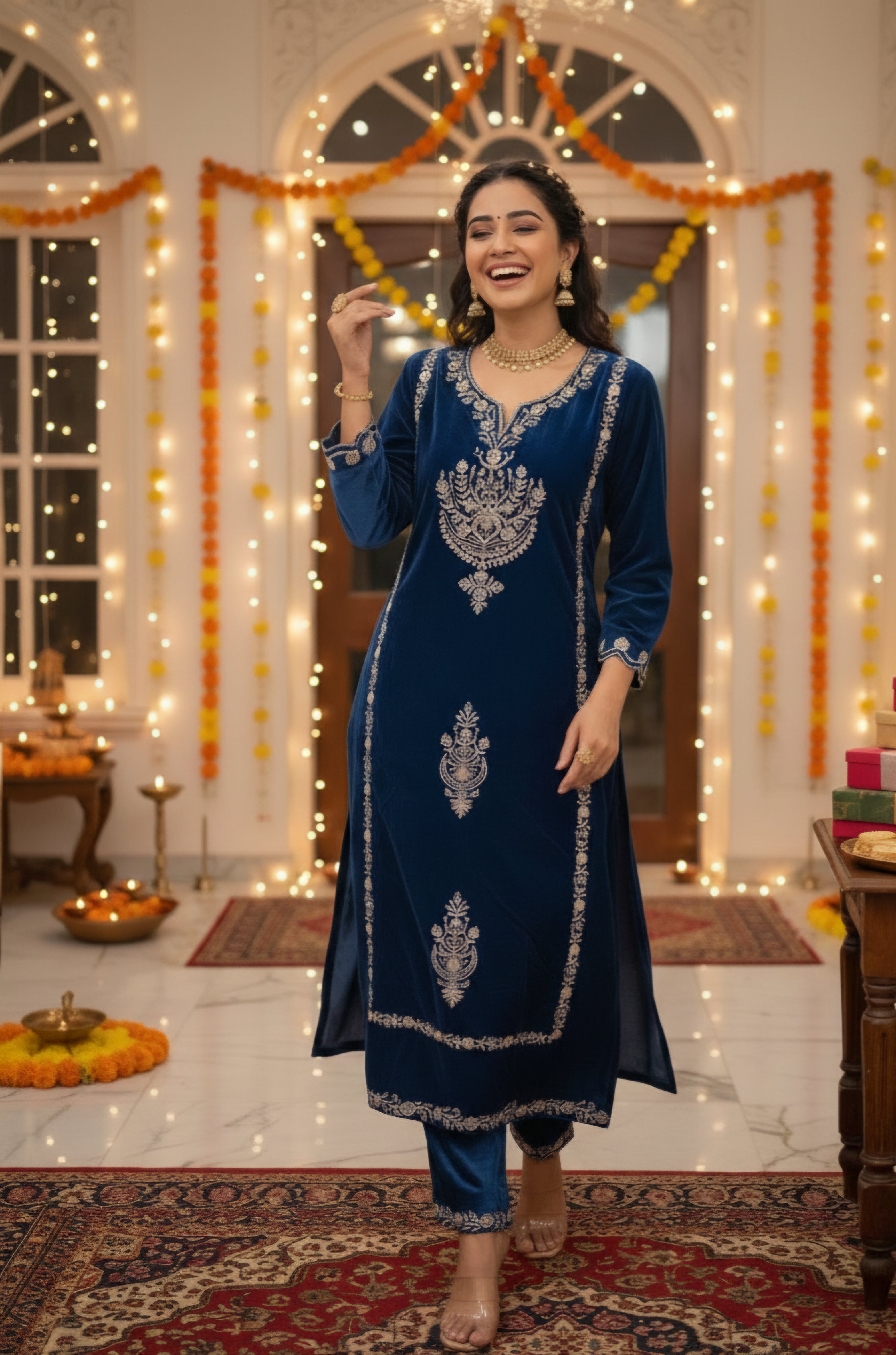 Women Velvet Ethnic Kurta Set With Dupatta
