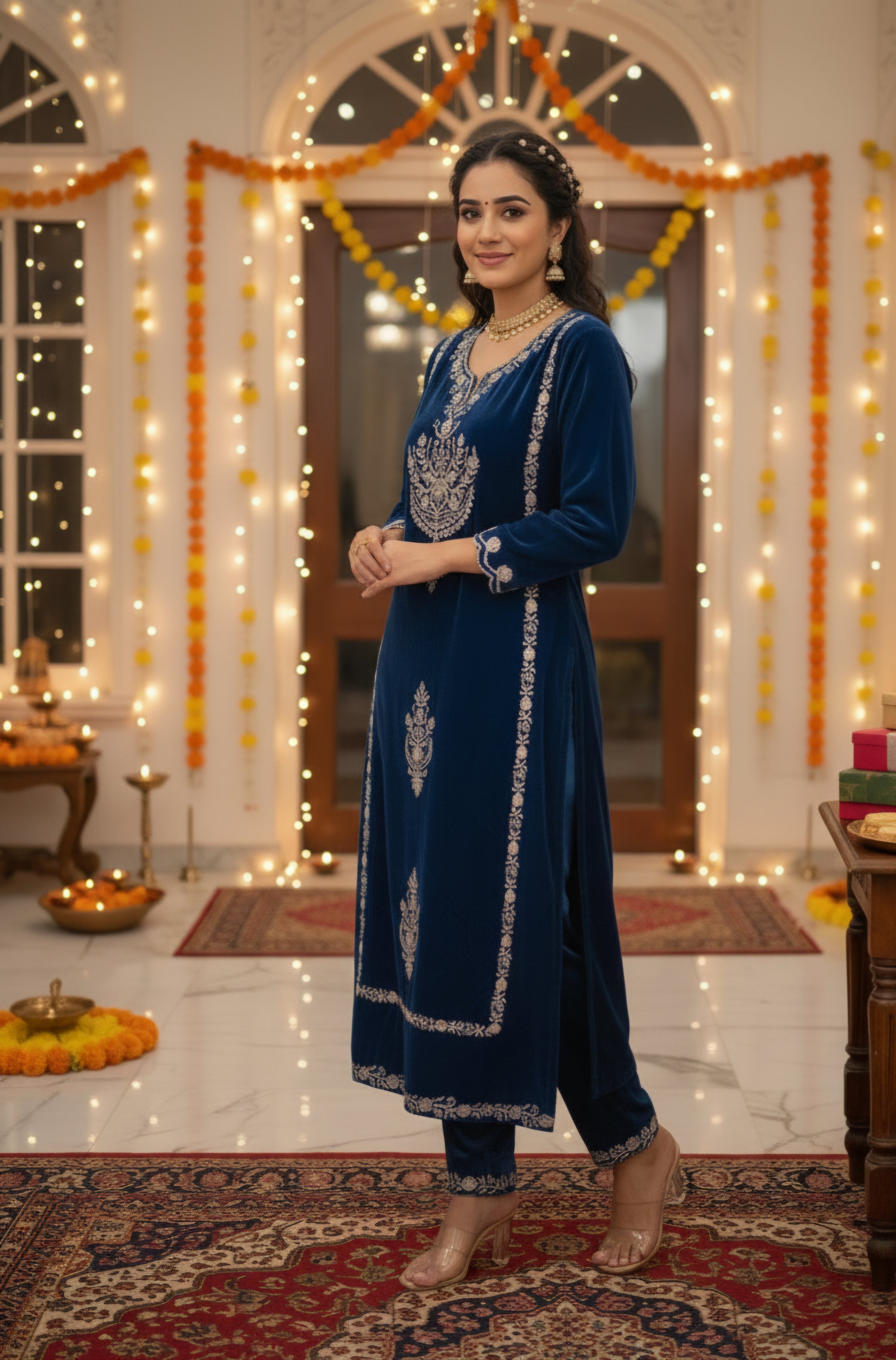 Women Velvet Ethnic Kurta Set With Dupatta