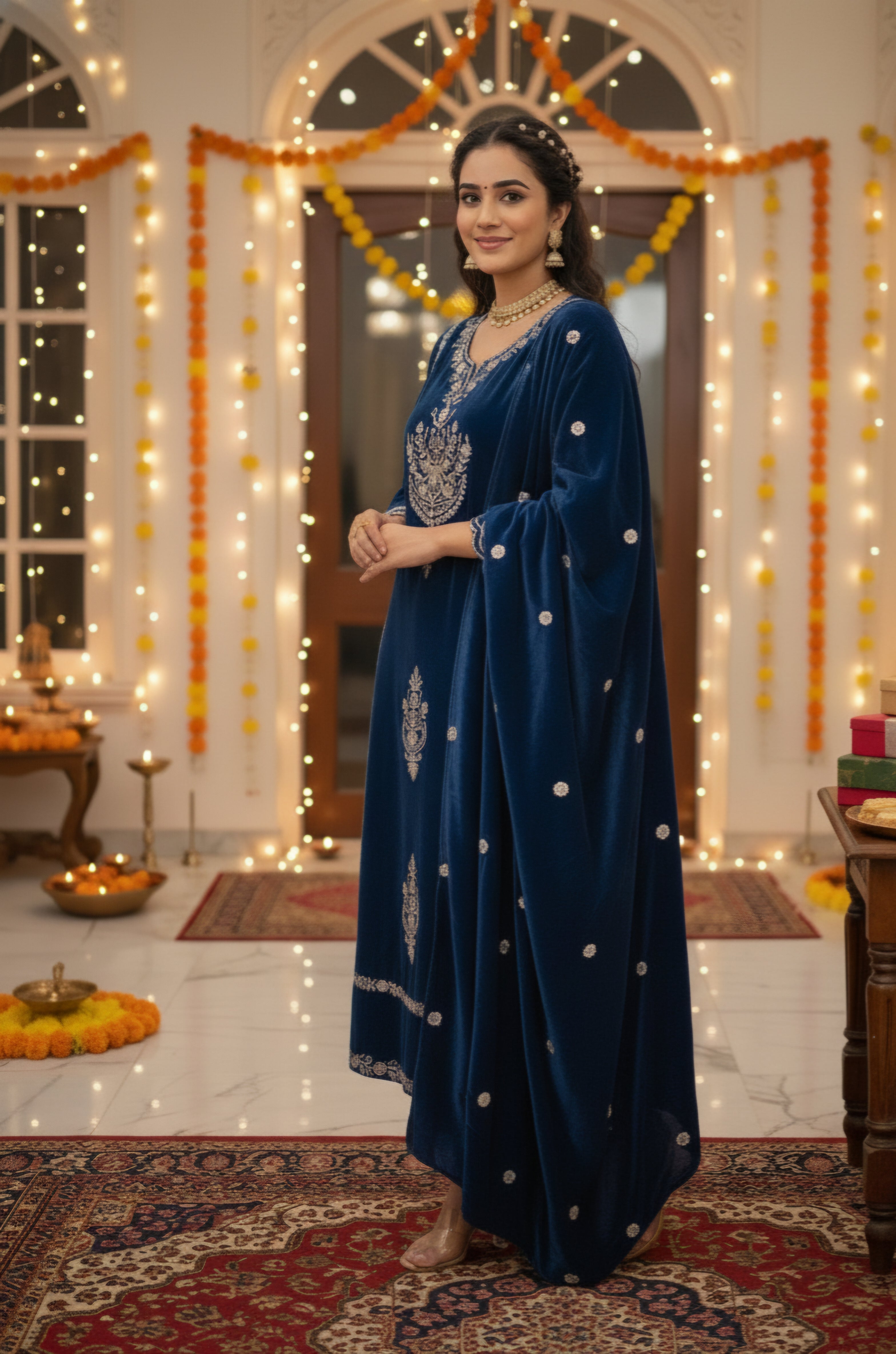 Women Velvet Ethnic Kurta Set With Dupatta