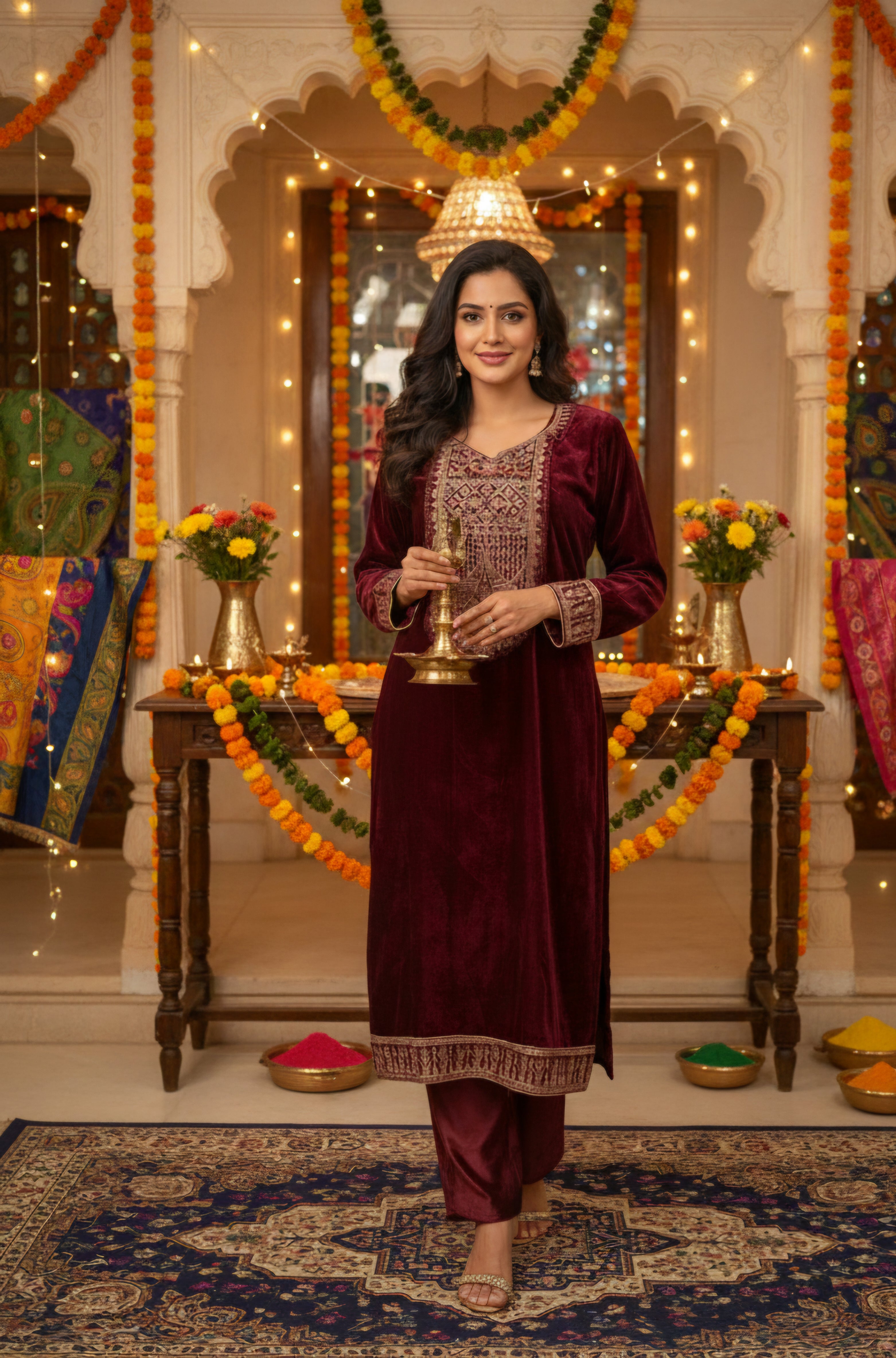 Women Velvet Ethnic Kurta Set With Dupatta