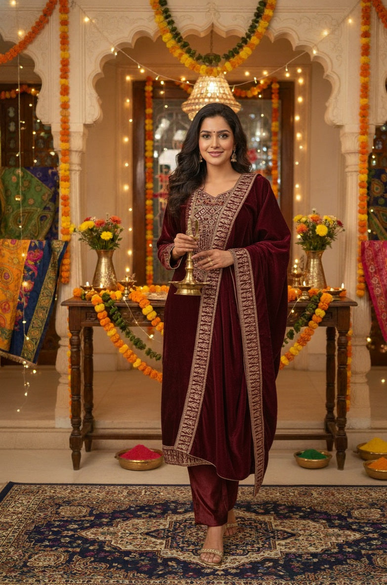 Women Velvet Ethnic Kurta Set With Dupatta