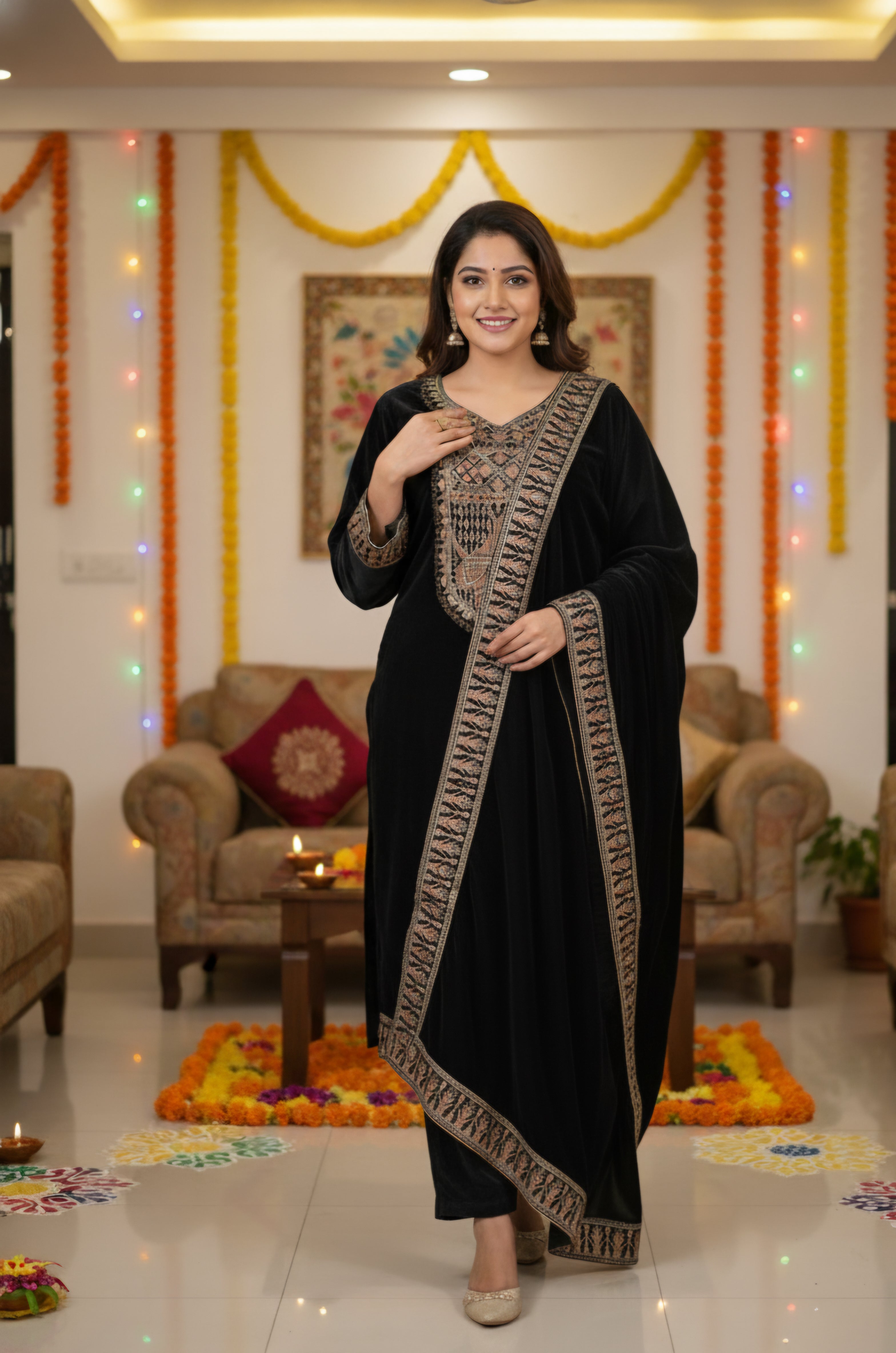 Women Velvet Ethnic Kurta Set With Dupatta