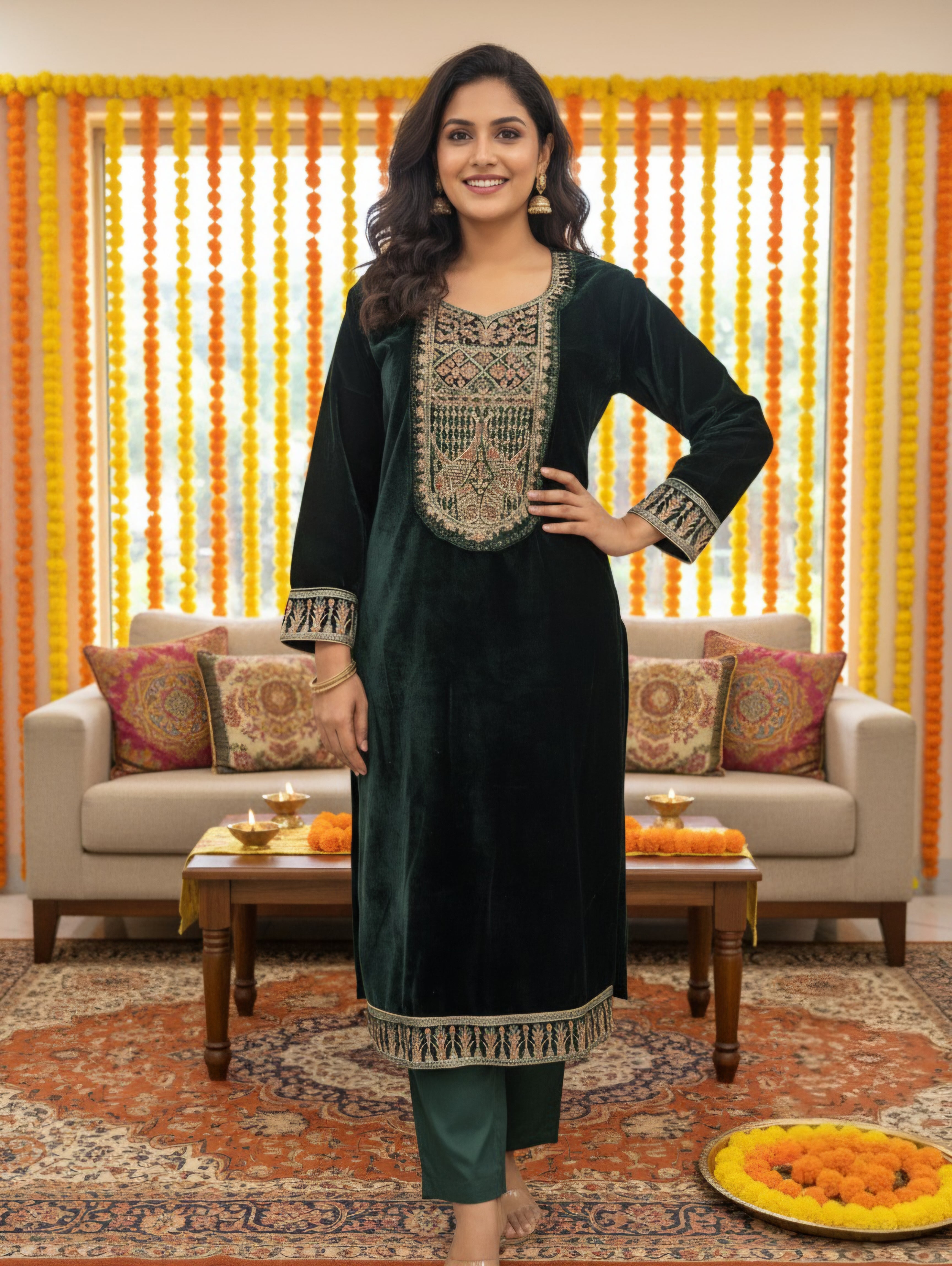 Women Velvet Ethnic Kurta Set With Dupatta
