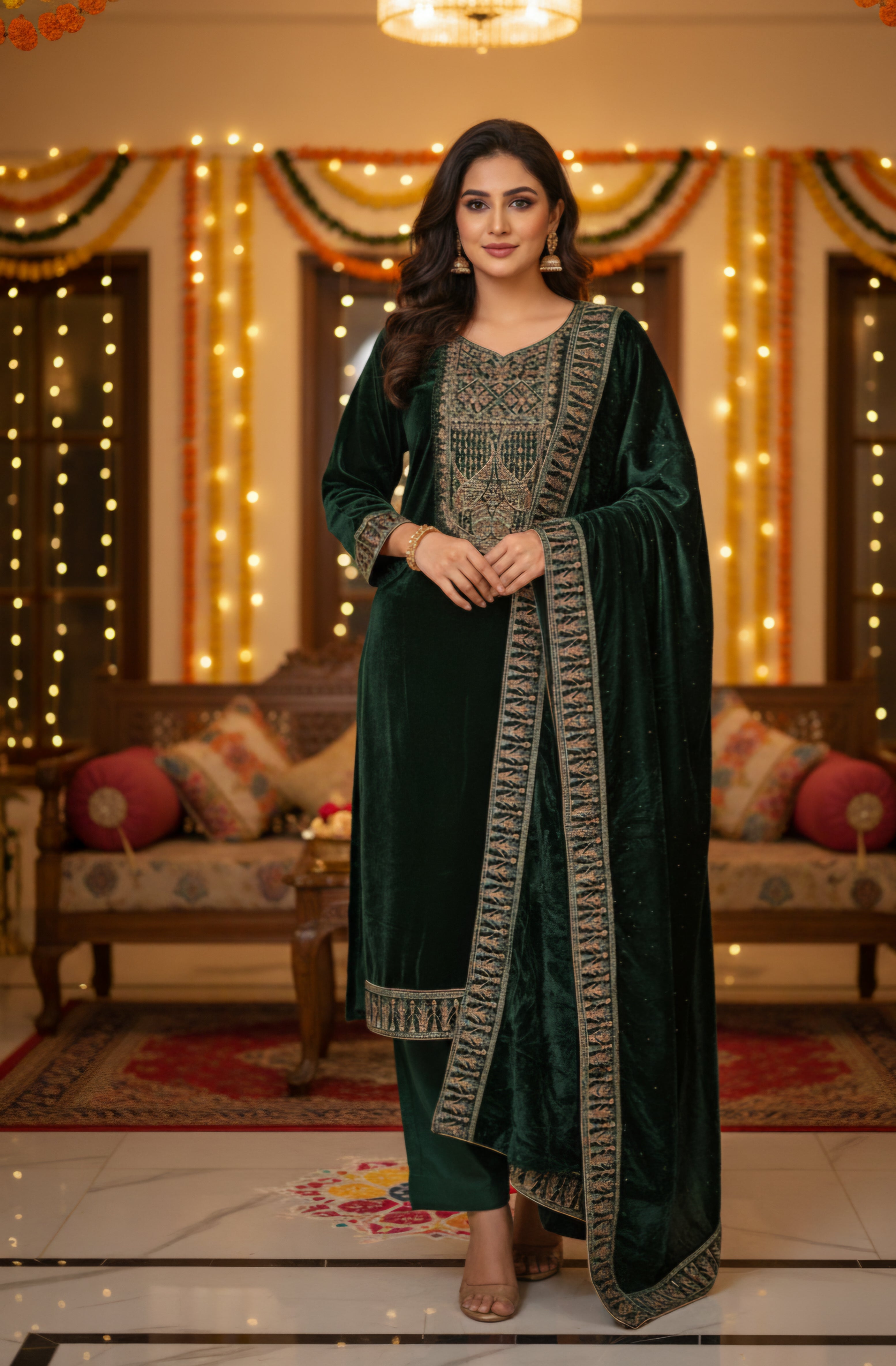 Women Velvet Ethnic Kurta Set With Dupatta