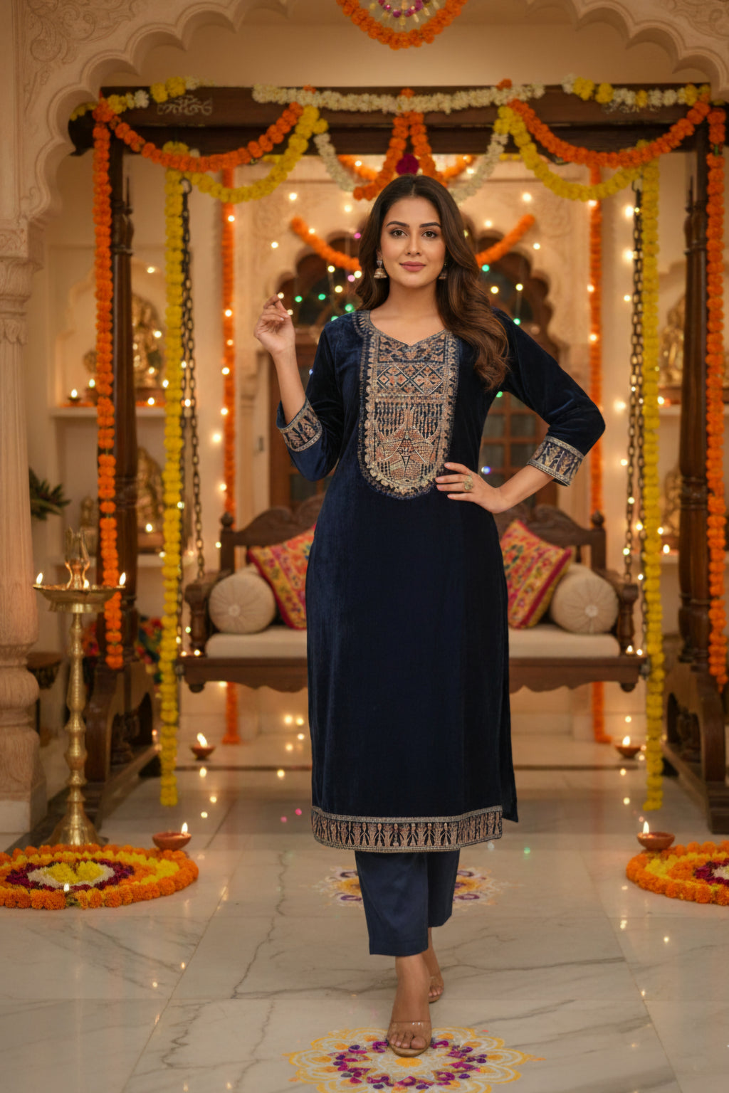 Women Velvet Ethnic Kurta Set With Dupatta