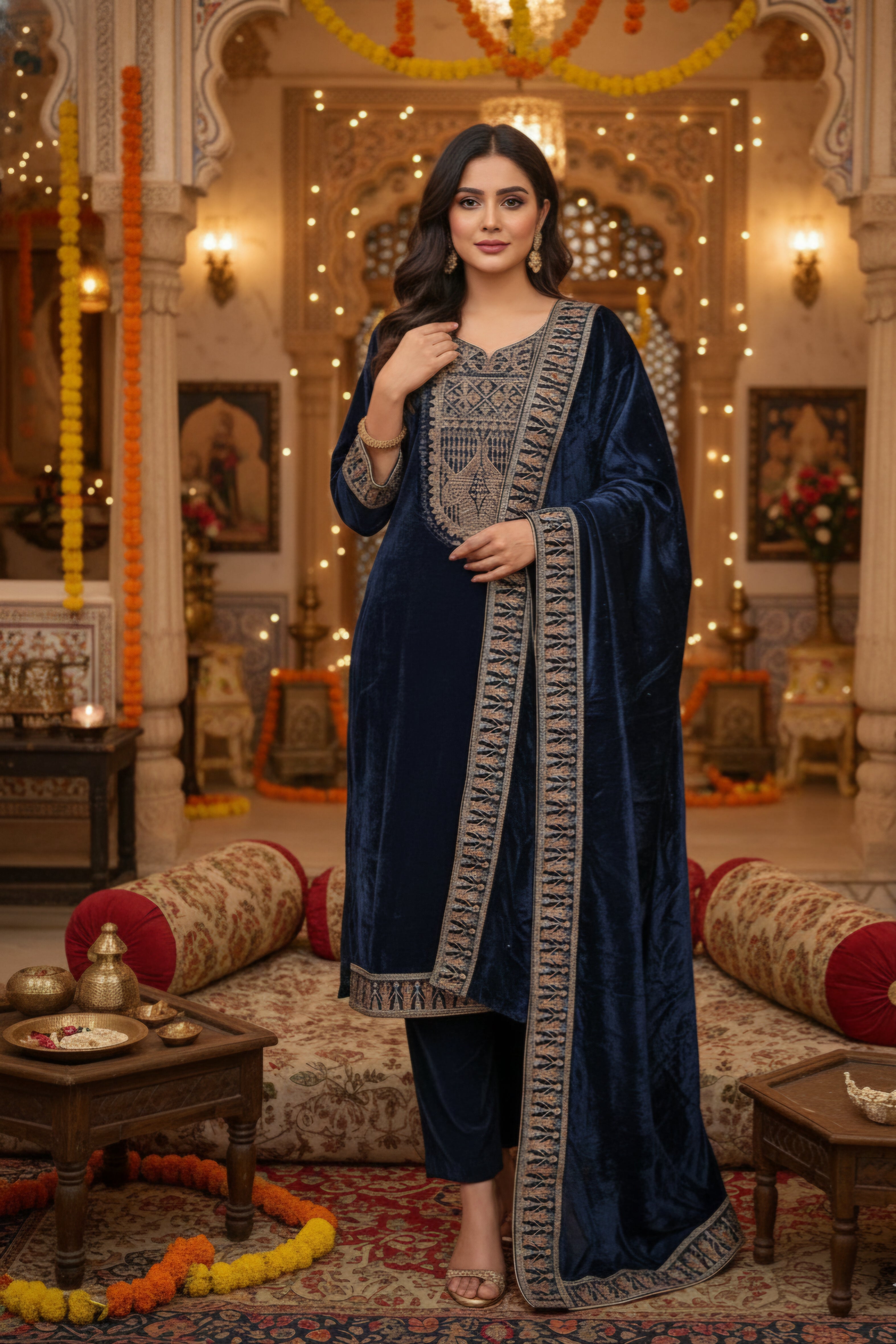 Women Velvet Ethnic Kurta Set With Dupatta