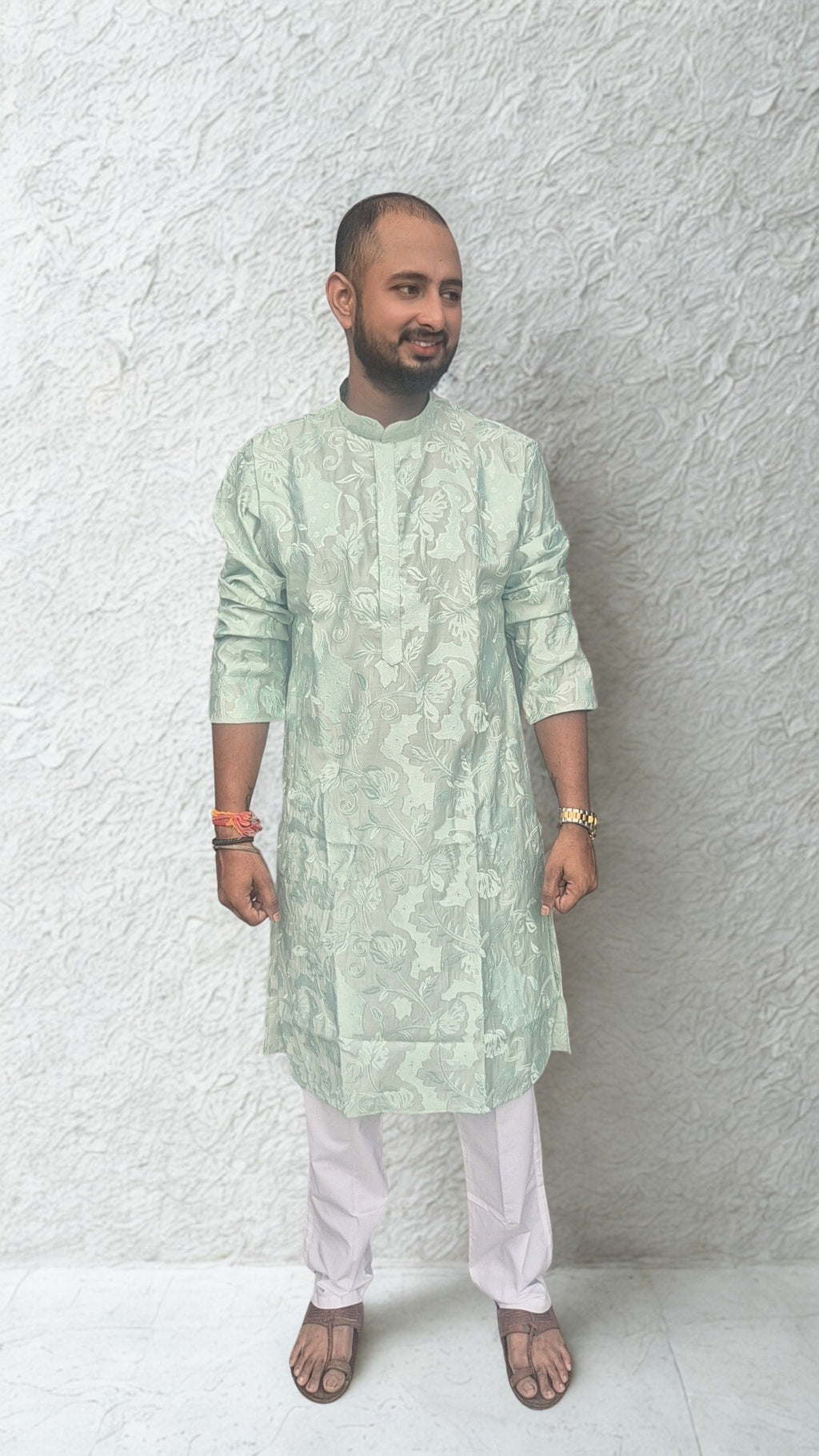 Men's Floral Woven Design Straight Kurta With Trouser Set