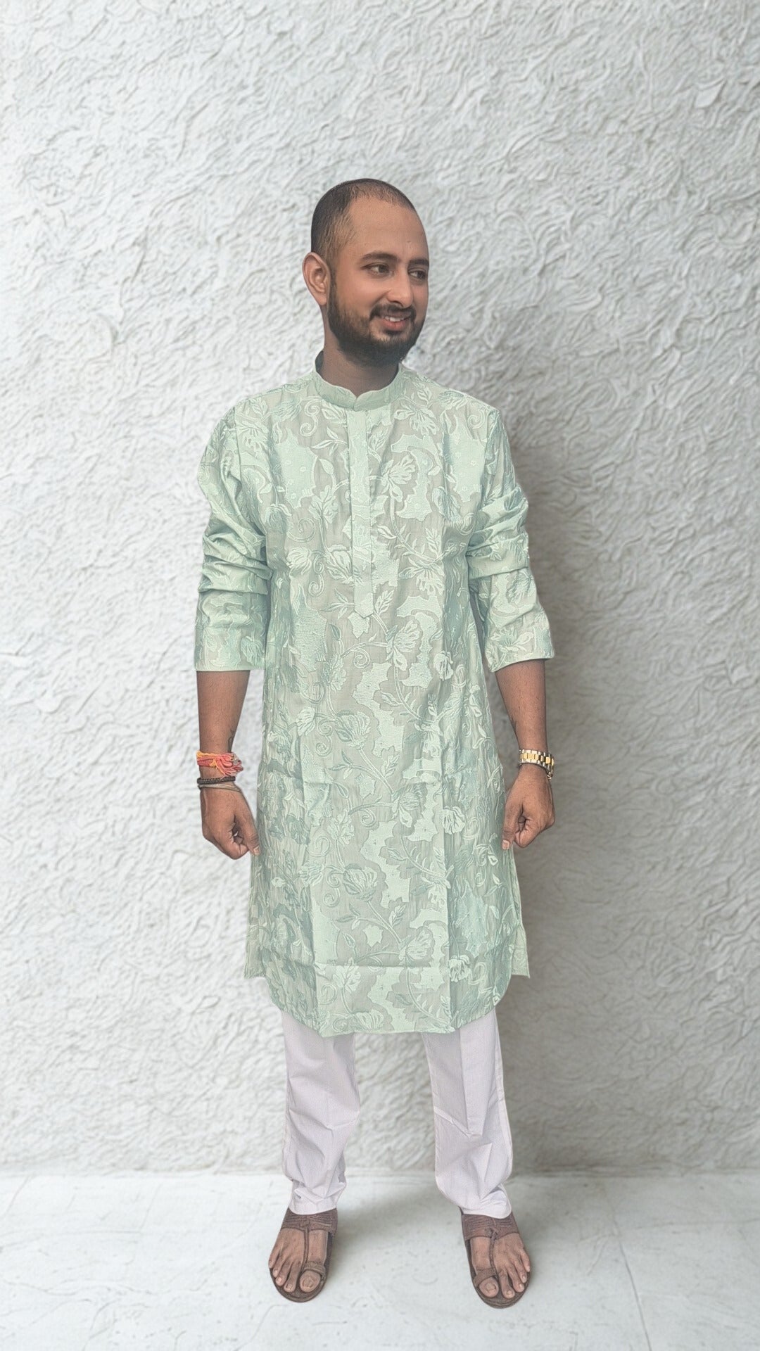Men's Floral Woven Design Straight Kurta With Trouser Set