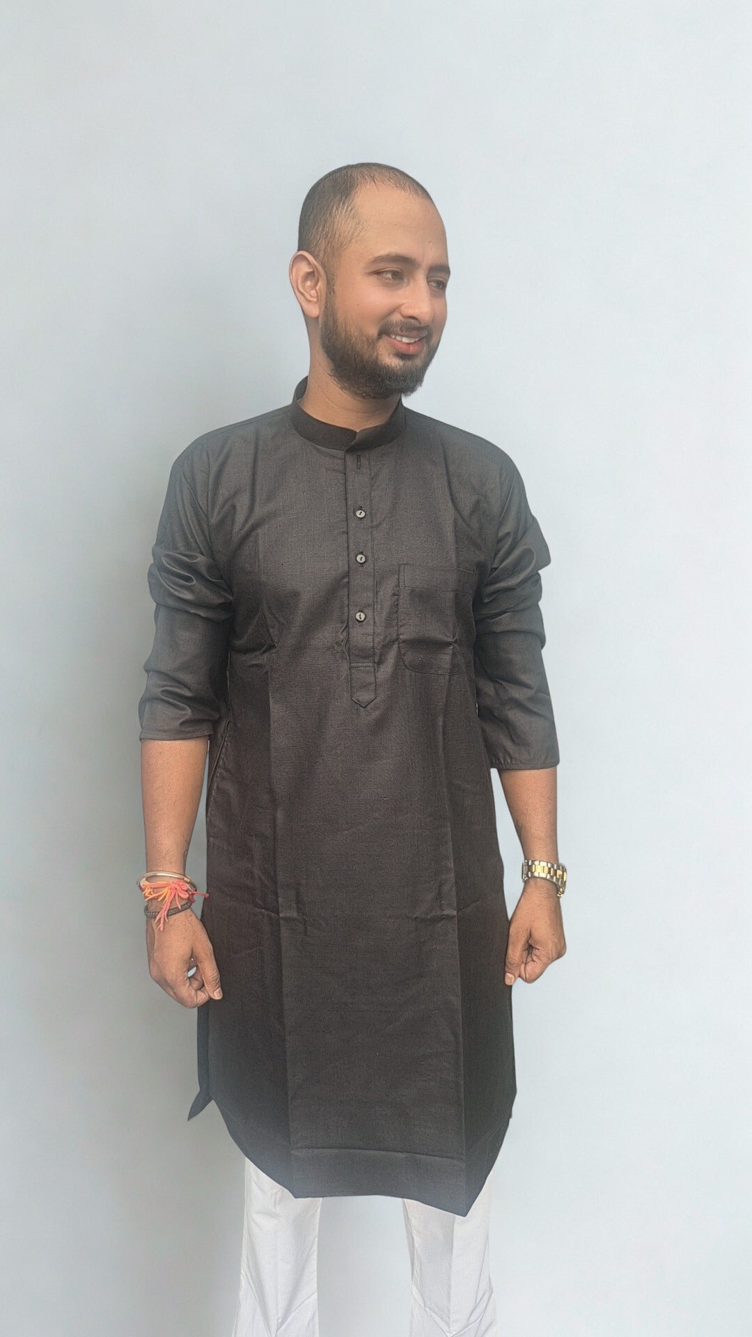 Men's Mandarin Collar Straight Black Kurta With Pyjamas