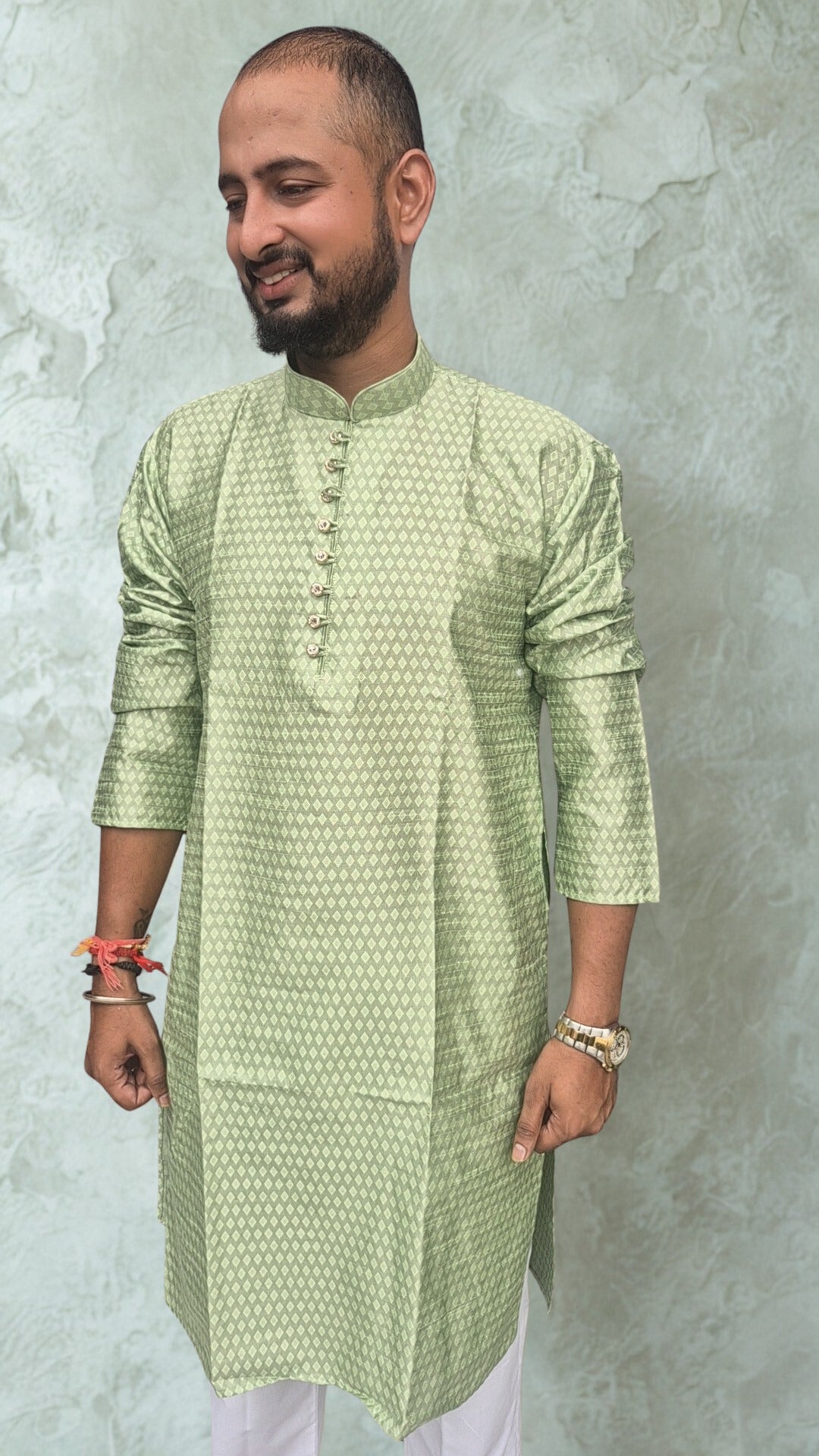 Men's Silk Woven Design Straight Kurta With Trouser Set