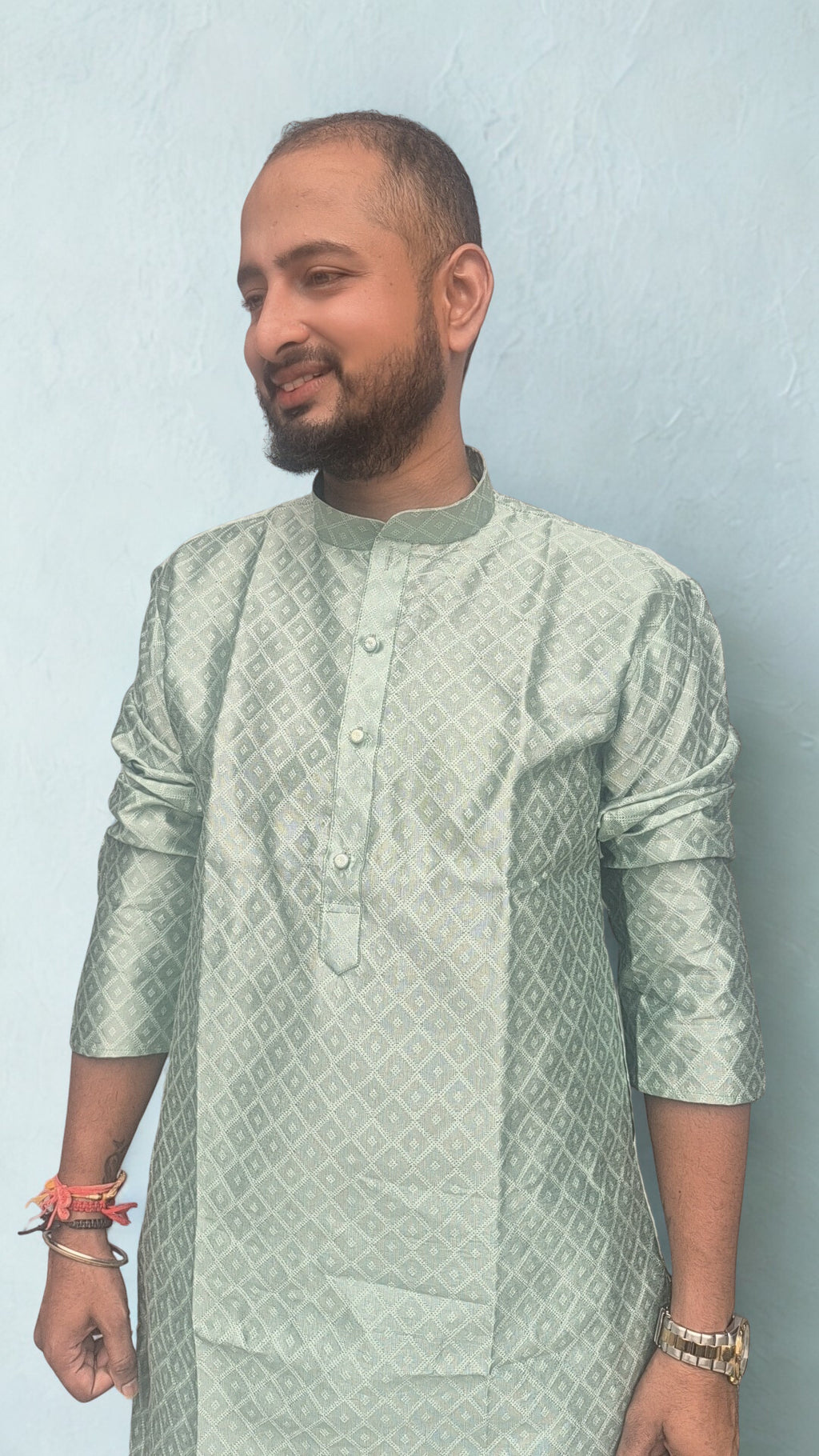 Men's Silk Woven Design Straight Kurta With Trouser Set