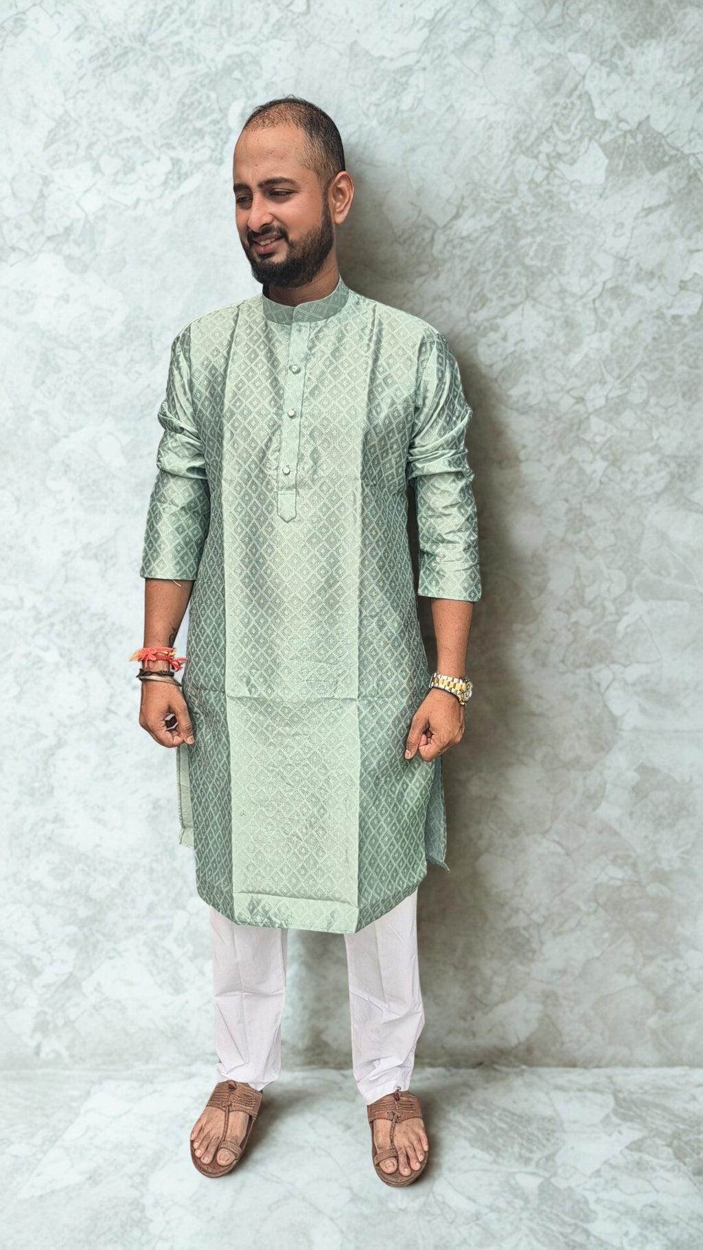 Men's Silk Woven Design Straight Kurta With Trouser Set