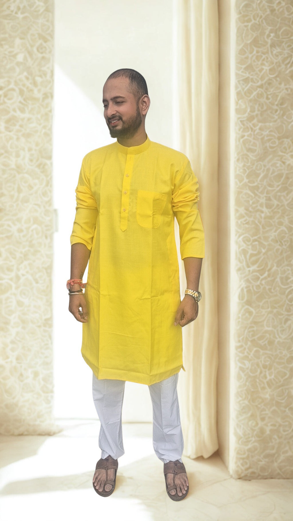Men's Solid Yellow Cotton Kurta with Pyjamas