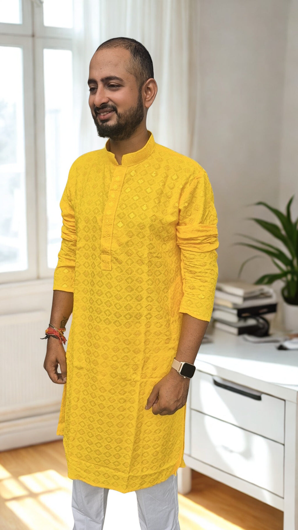 Men's Yellow Geometric Embroidered Sequinned Kurta with Pyjamas