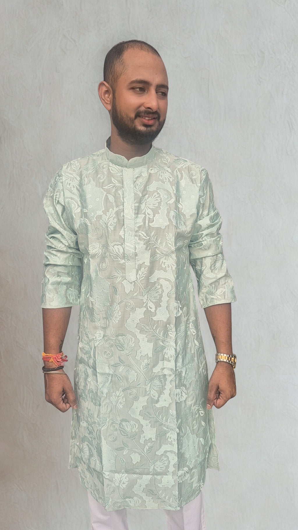 Men's Floral Woven Design Straight Kurta With Trouser Set