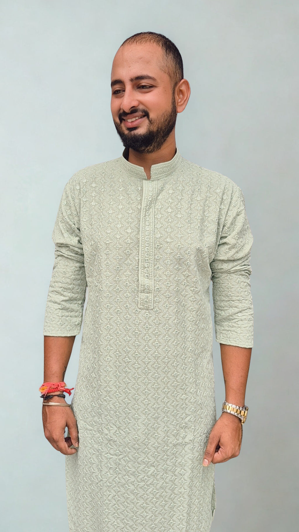 Men's Light Pista Green Geometric Embroidered Sequinned Kurta with Trouser