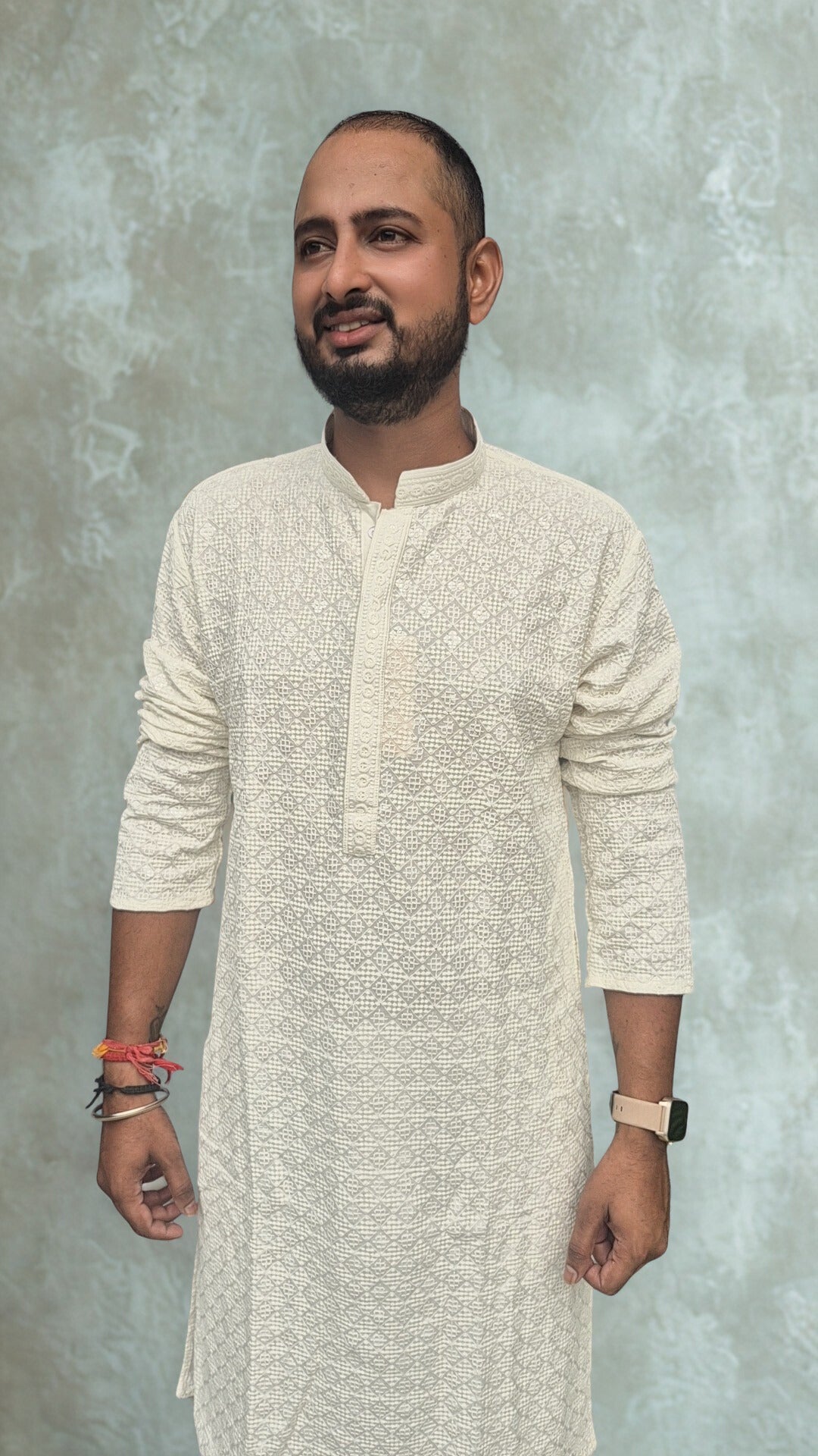 Men's White Geometric Embroidered Sequinned Kurta with Trouser