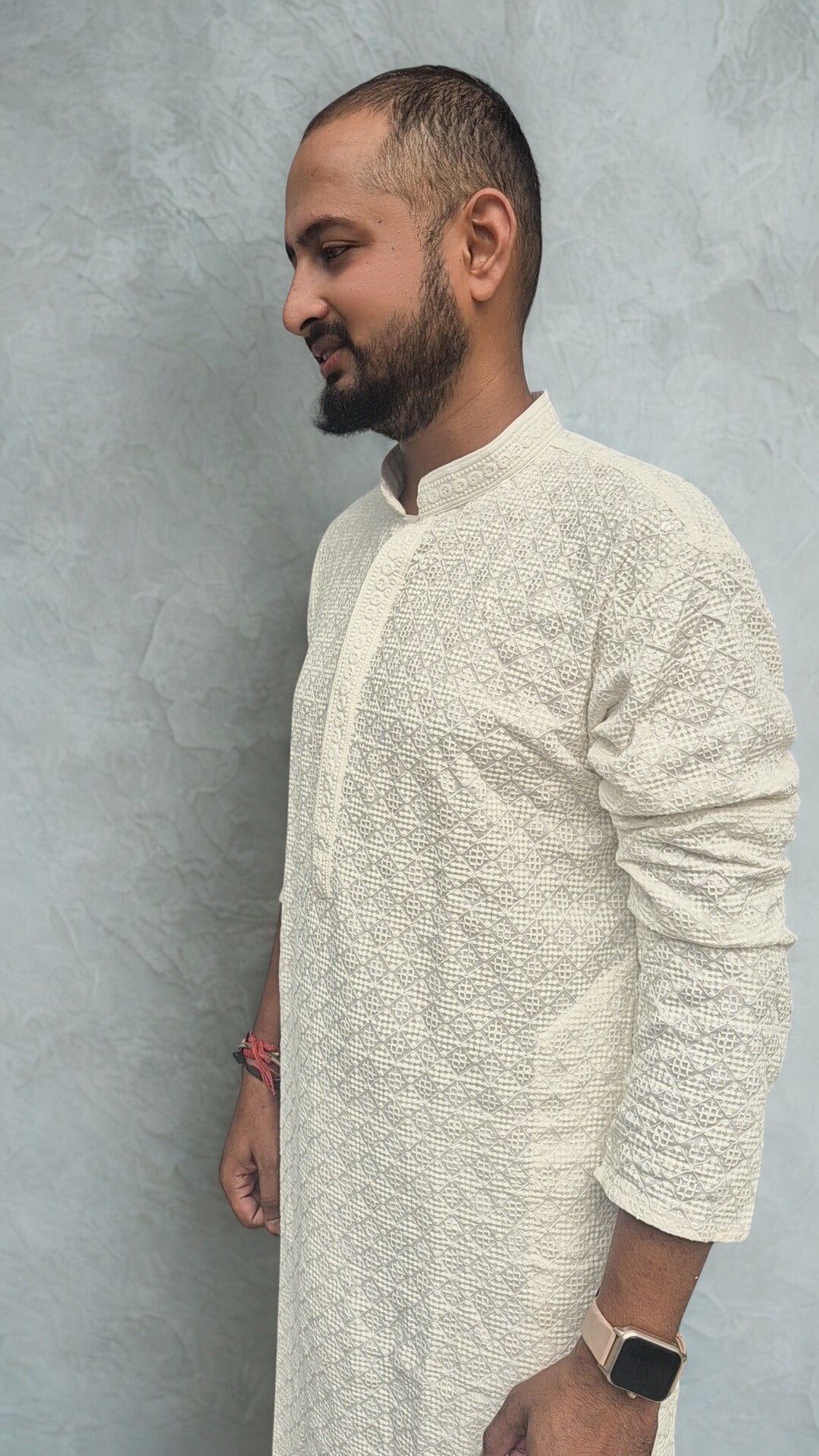 Men's White Geometric Embroidered Sequinned Kurta with Trouser