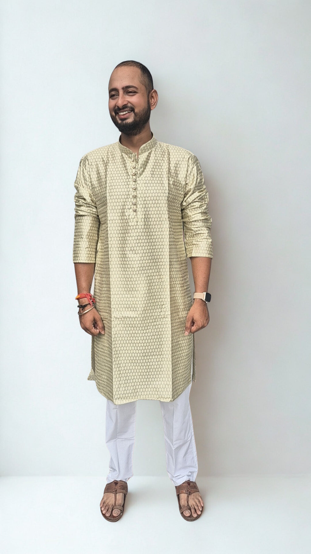 Men's Silk Woven Design Straight Kurta With Trouser Set