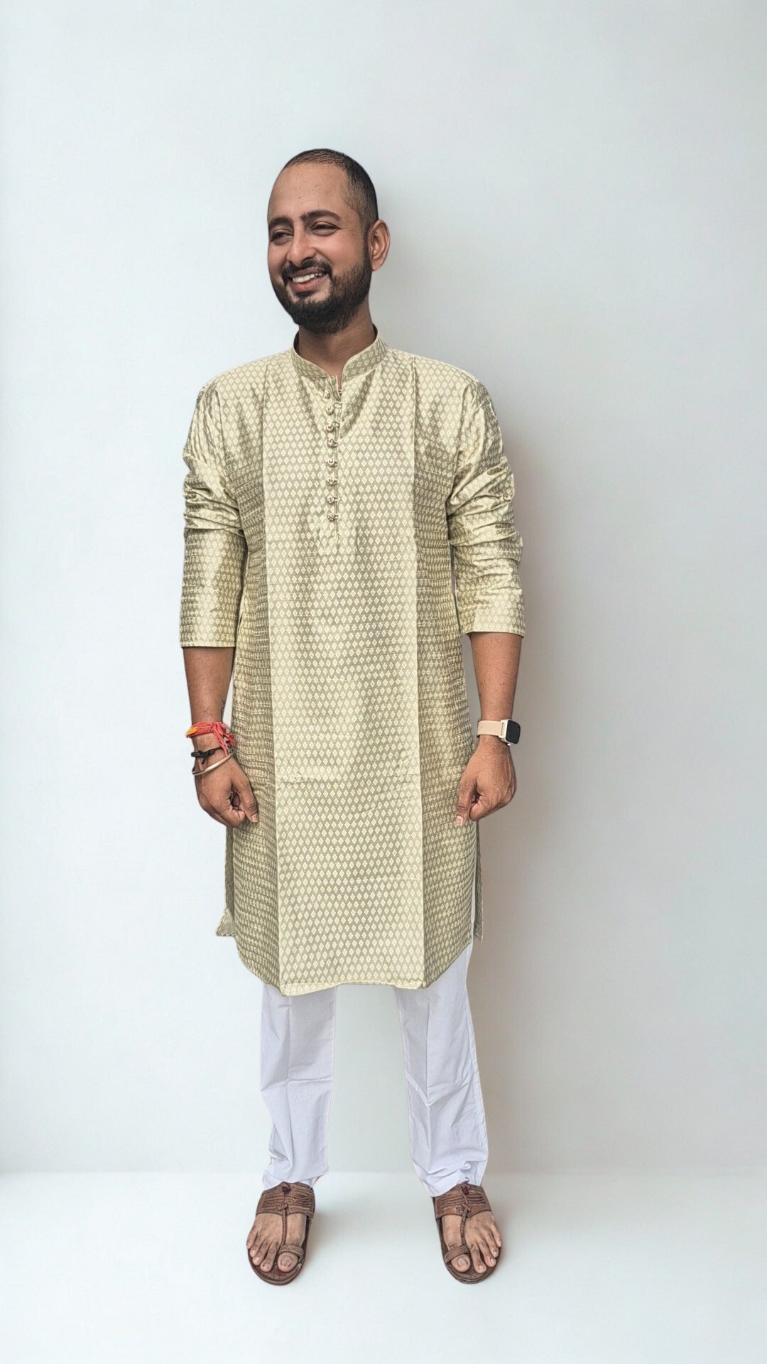 Men's Silk Woven Design Straight Kurta With Trouser Set