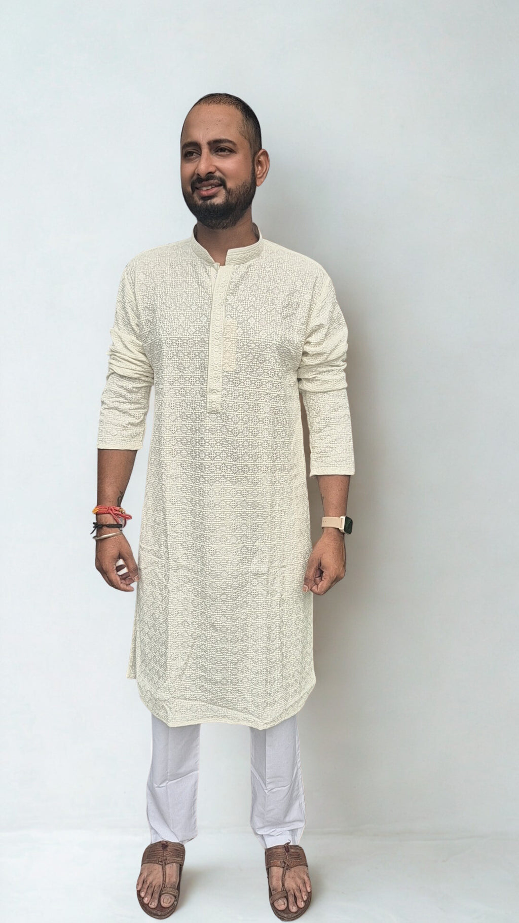 Men's White Geometric Embroidered Sequinned Kurta with Trouser