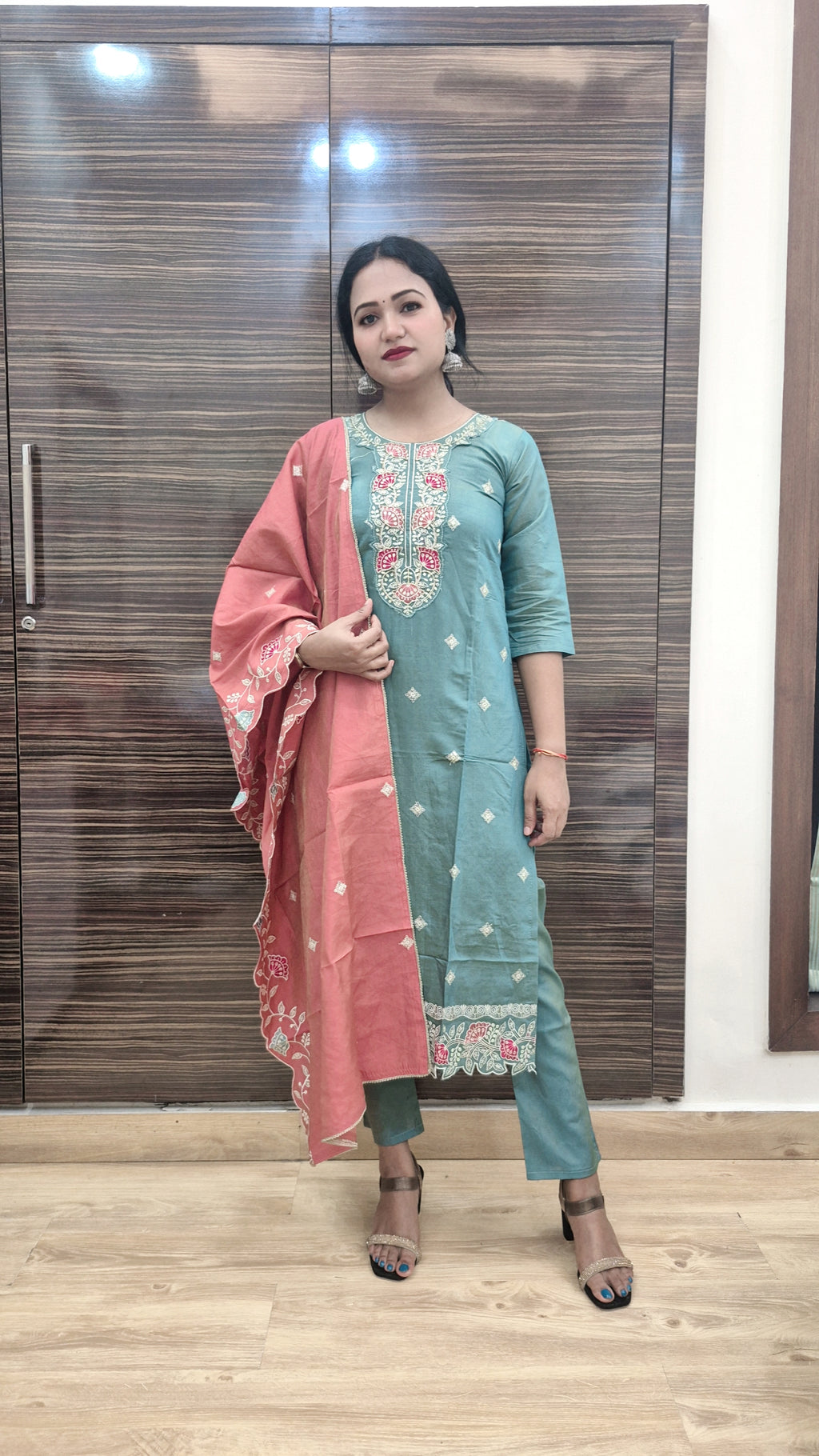 Teal Embroidered Kurta with Trouser and Dupatta