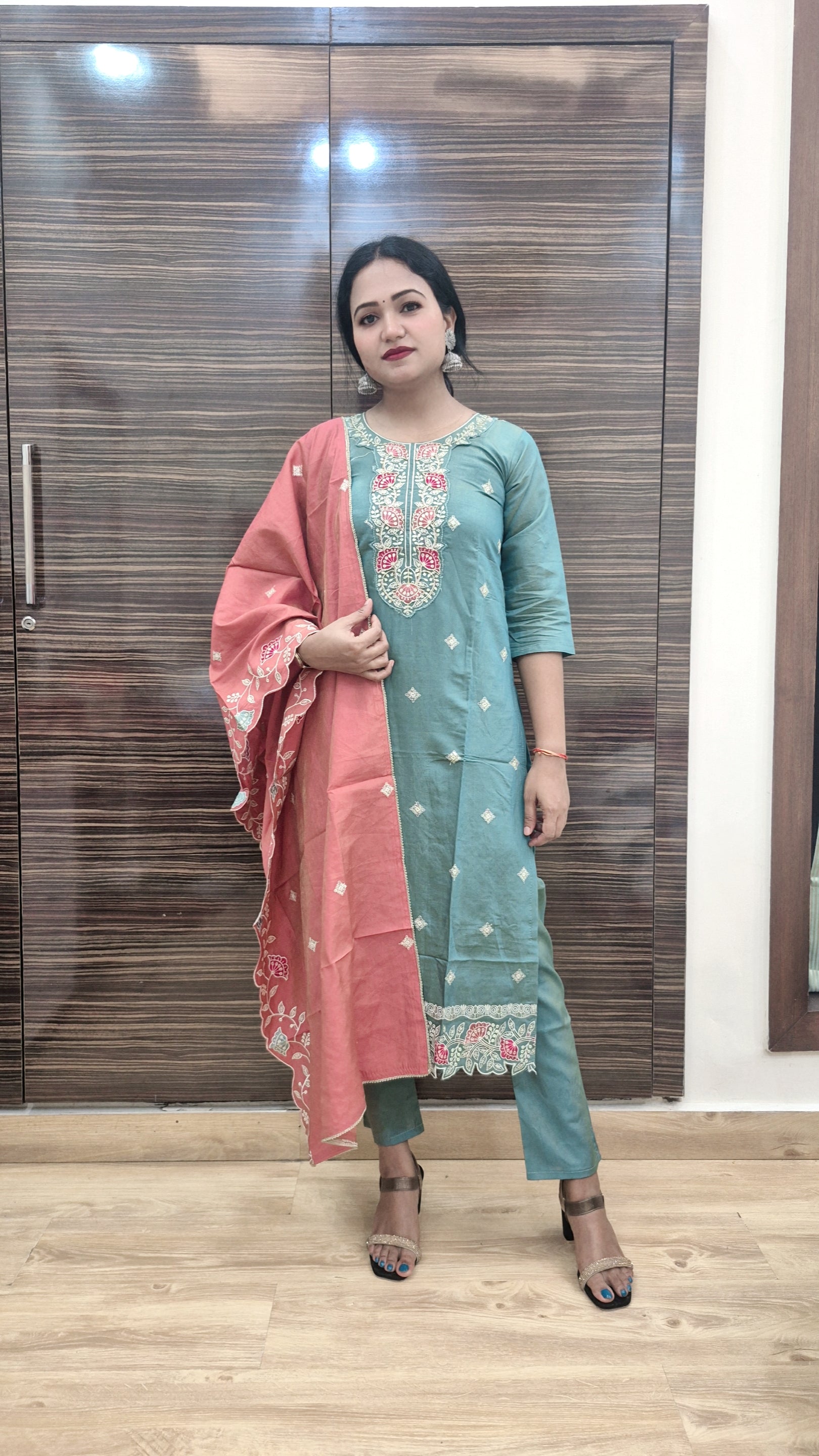 Teal Embroidered Kurta with Trouser and Dupatta