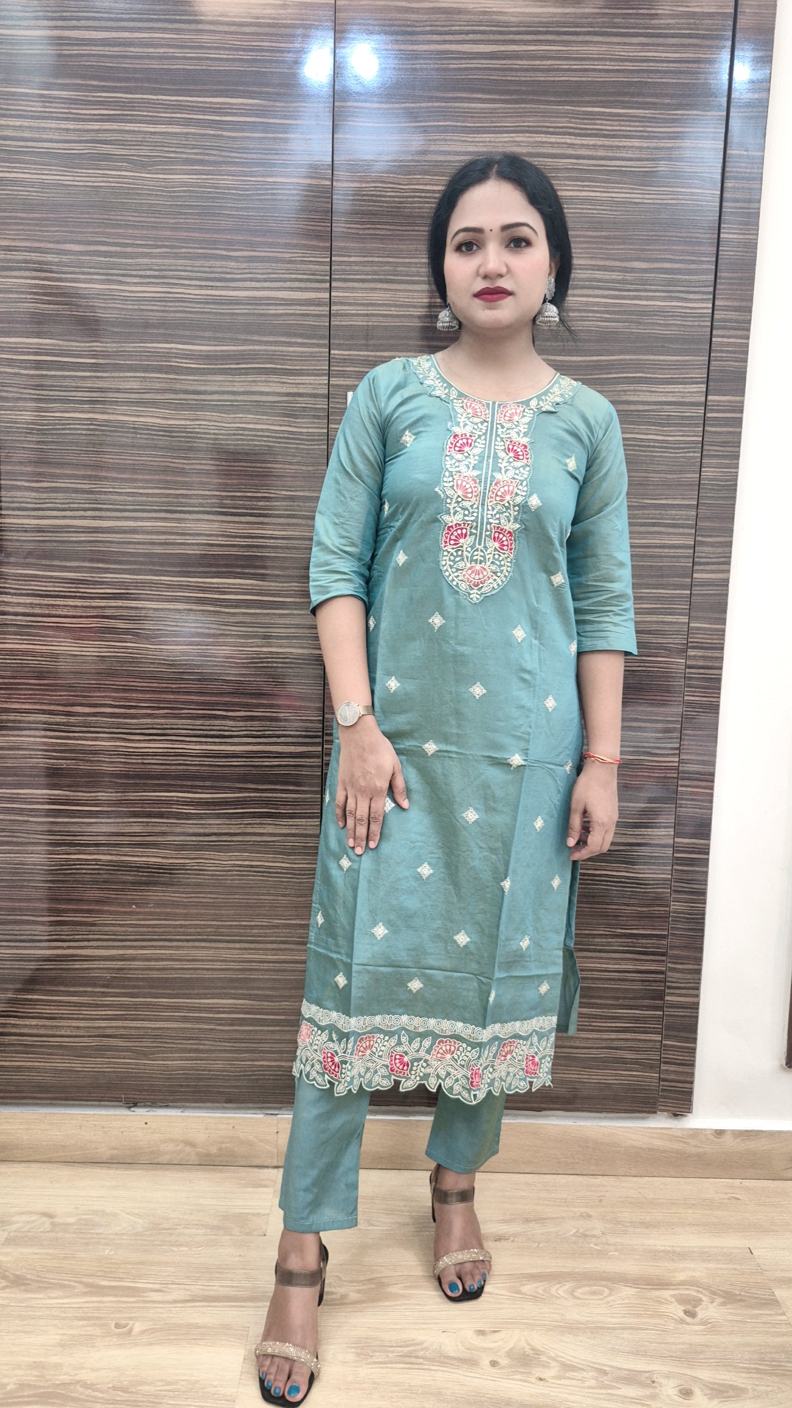 Teal Embroidered Kurta with Trouser and Dupatta