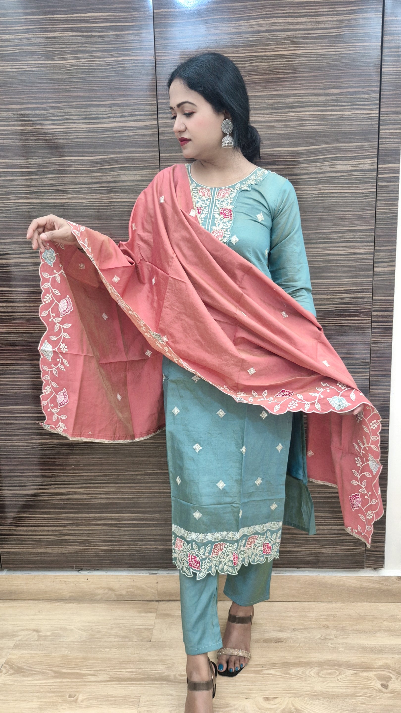 Teal Embroidered Kurta with Trouser and Dupatta