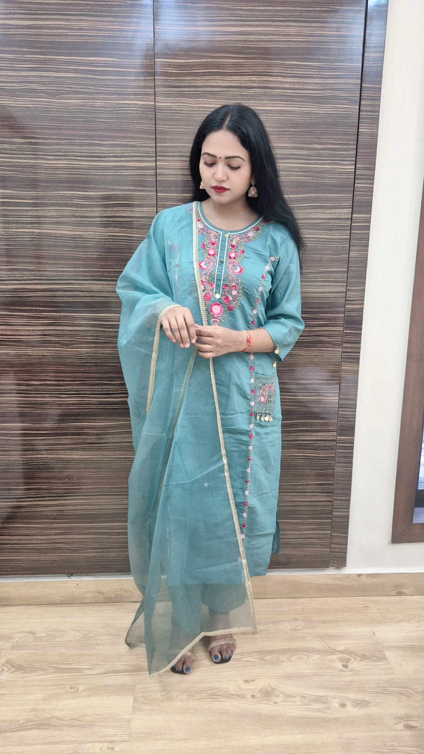 Women Floral Yoke Design Regular Sequinned Kurta with Trousers Dupatta