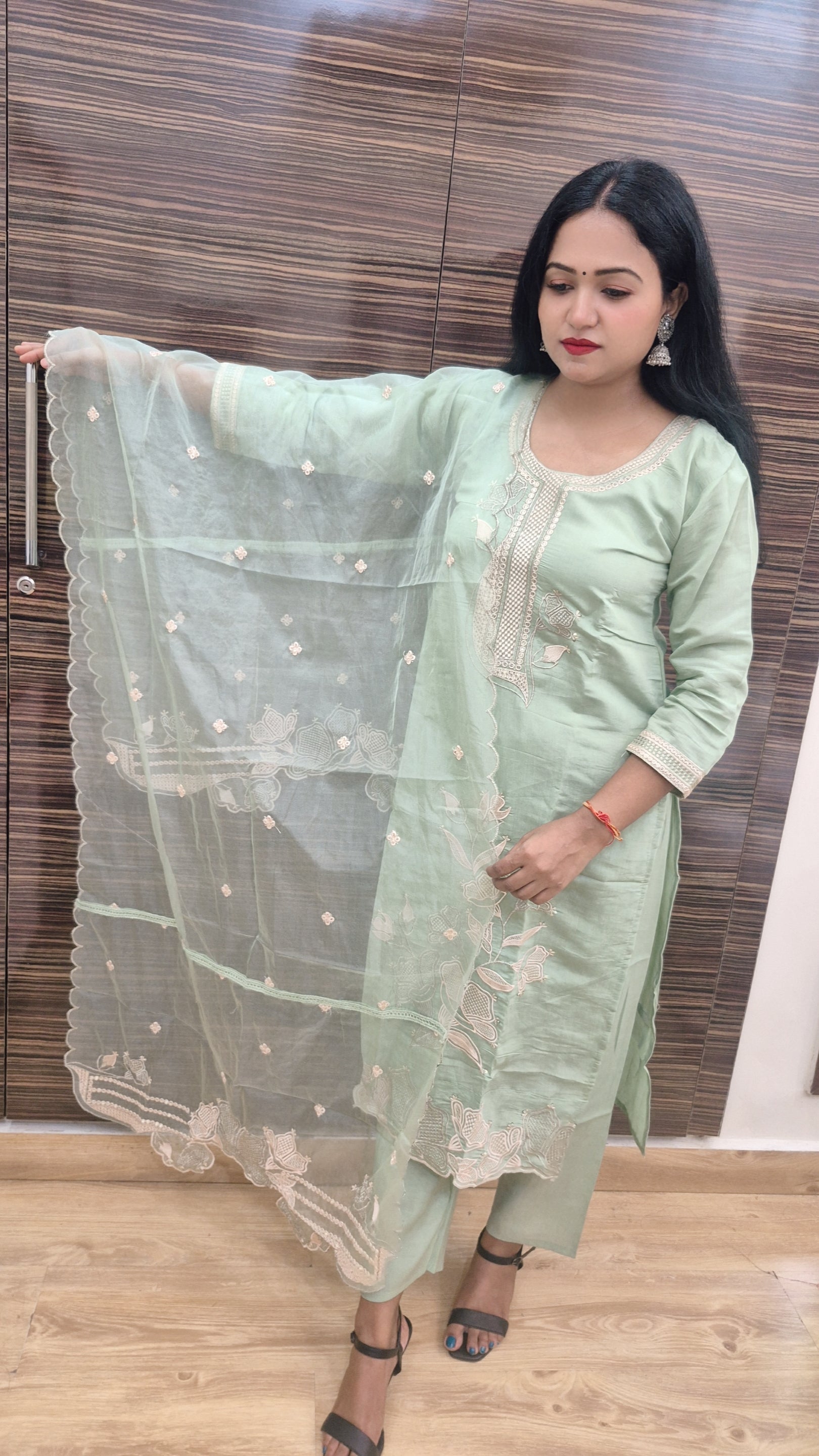 Women Floral Yoke Design Regular Sequinned Kurta with Trousers Dupatta