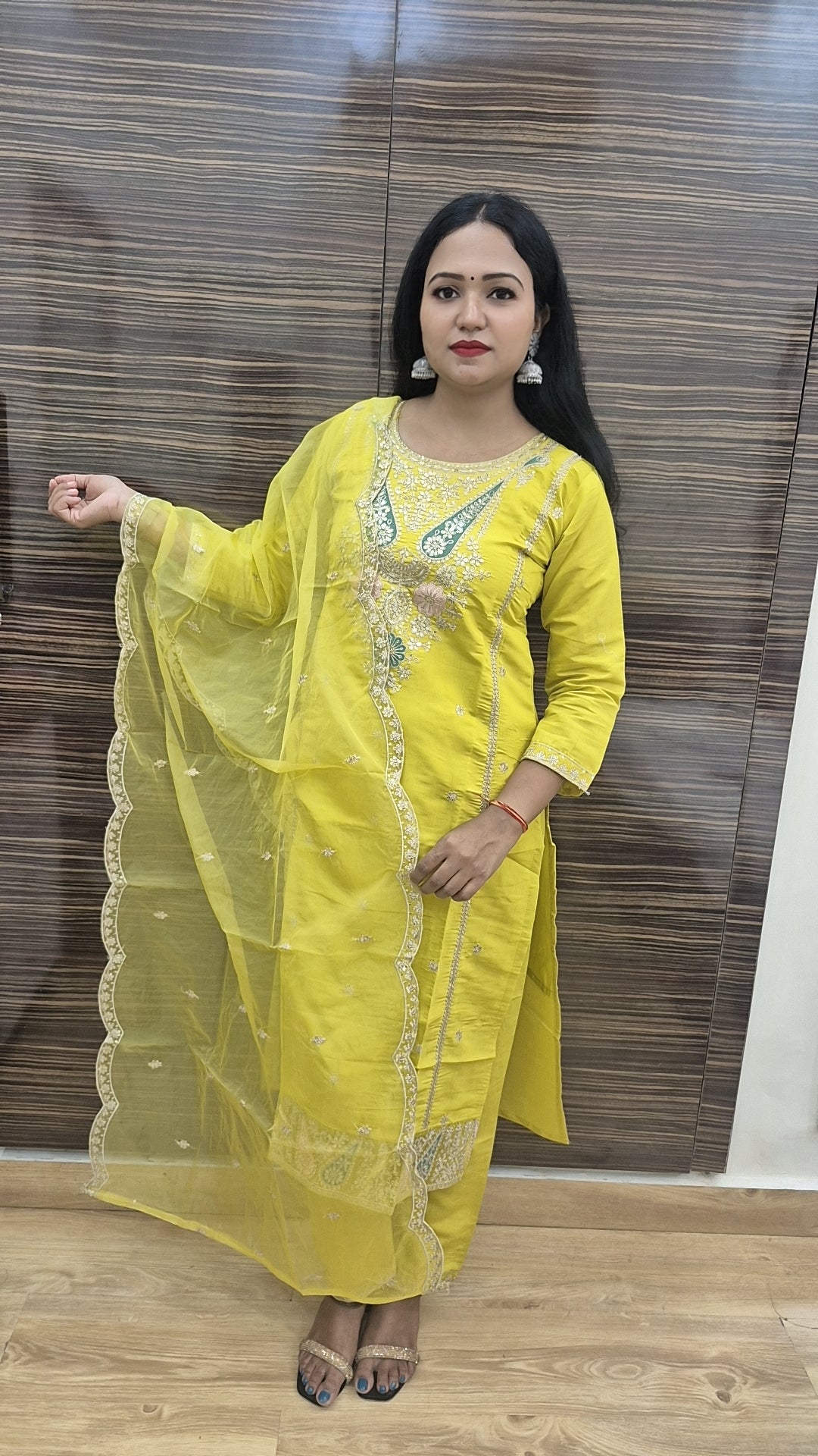 Women Floral Yoke Design Regular Sequinned Kurta with Trousers Dupatta