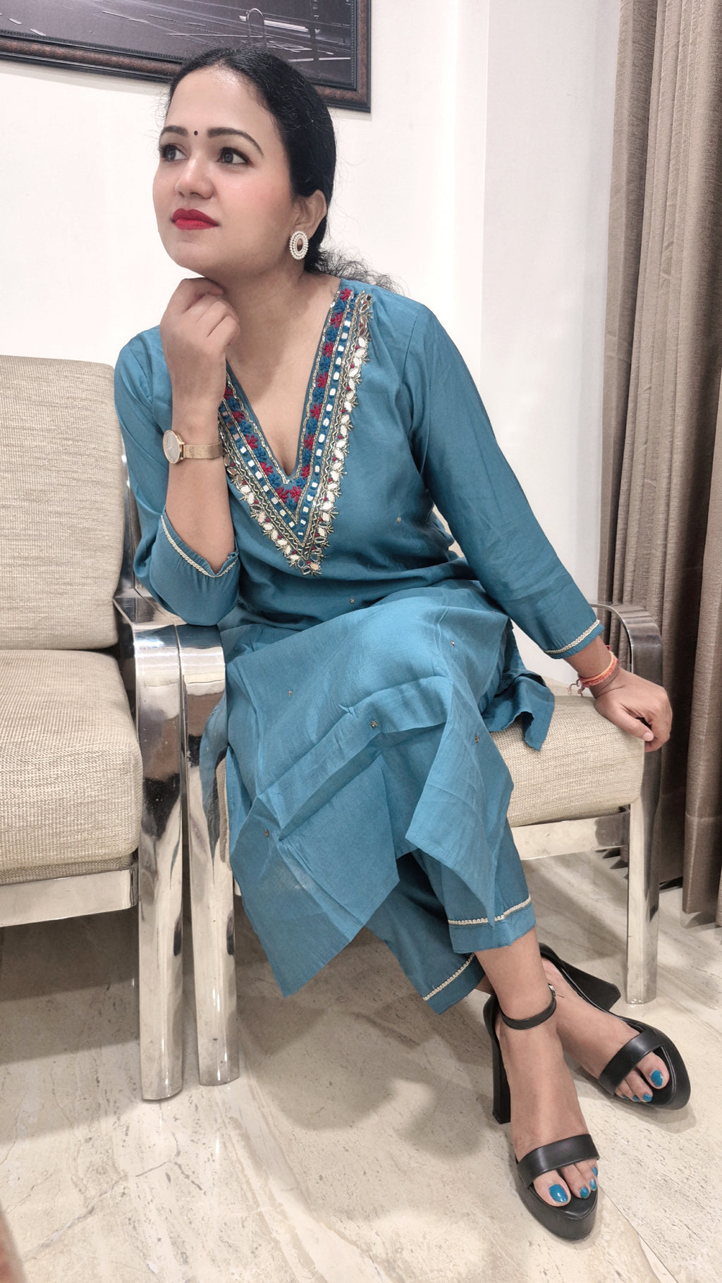 Women Floral Yoke Design Regular Sequinned Kurta with Trousers Dupatta