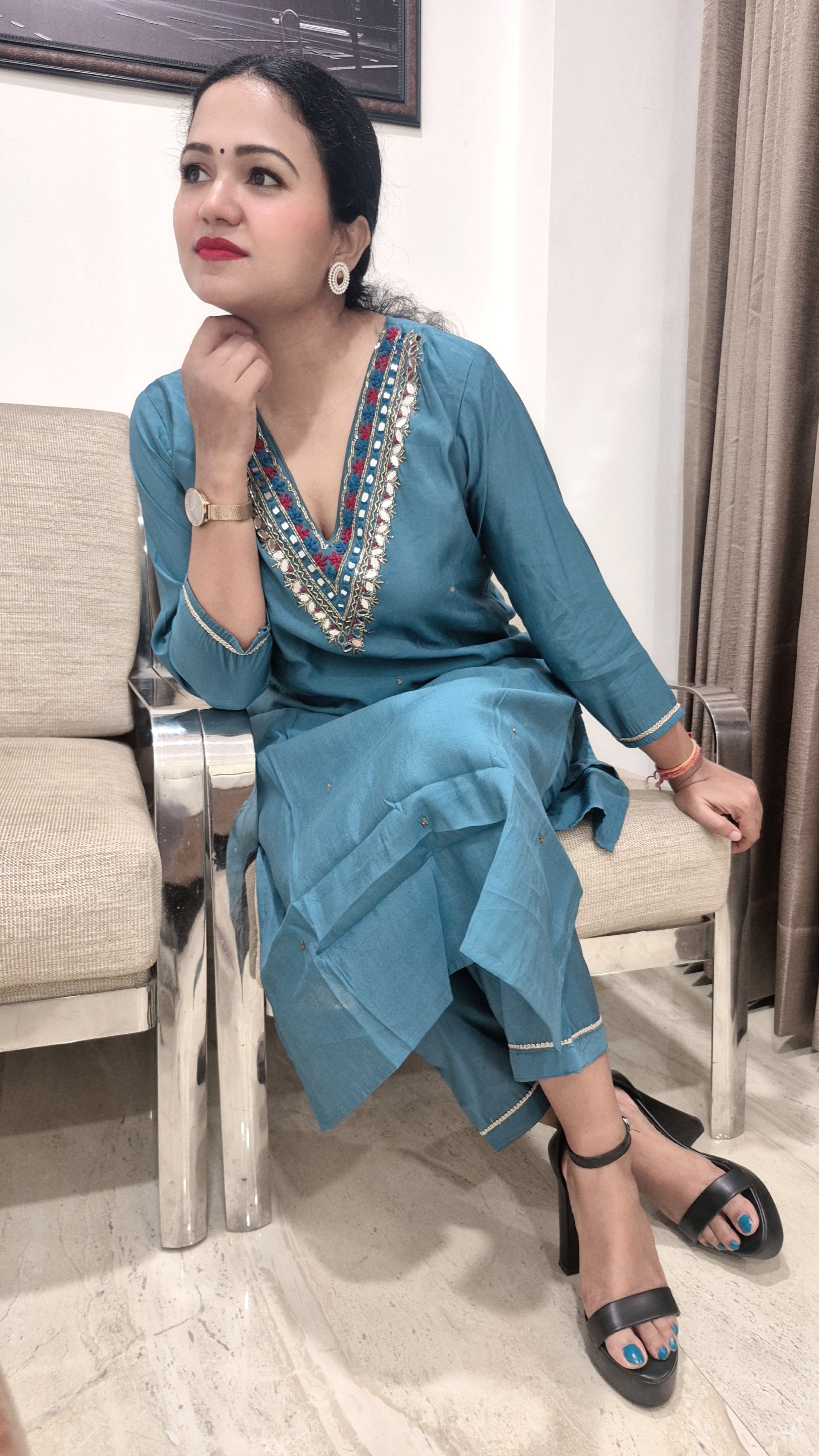 Women Floral Yoke Design Regular Sequinned Kurta with Trousers Dupatta