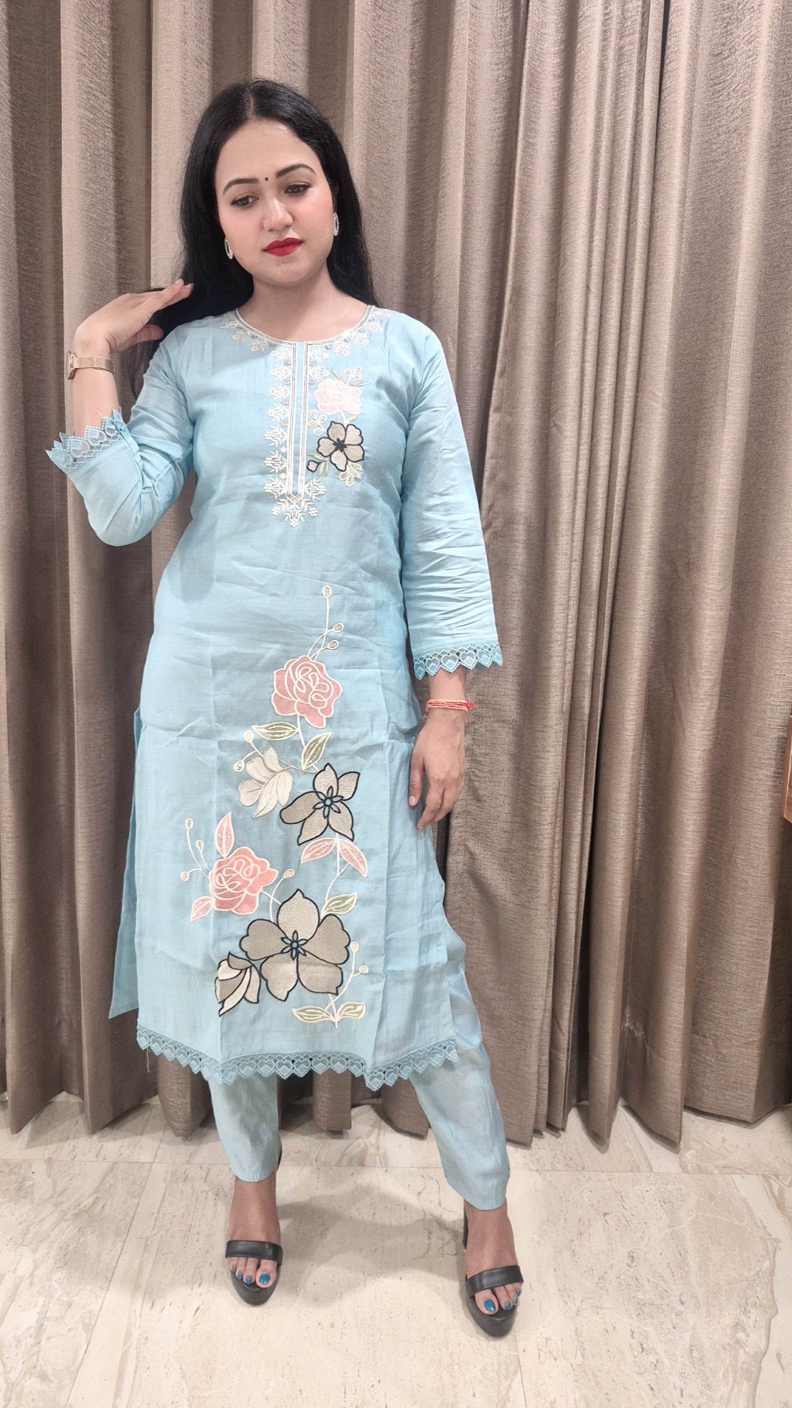 Embroidered Straight Kurta With Trouser & Dupatta Set