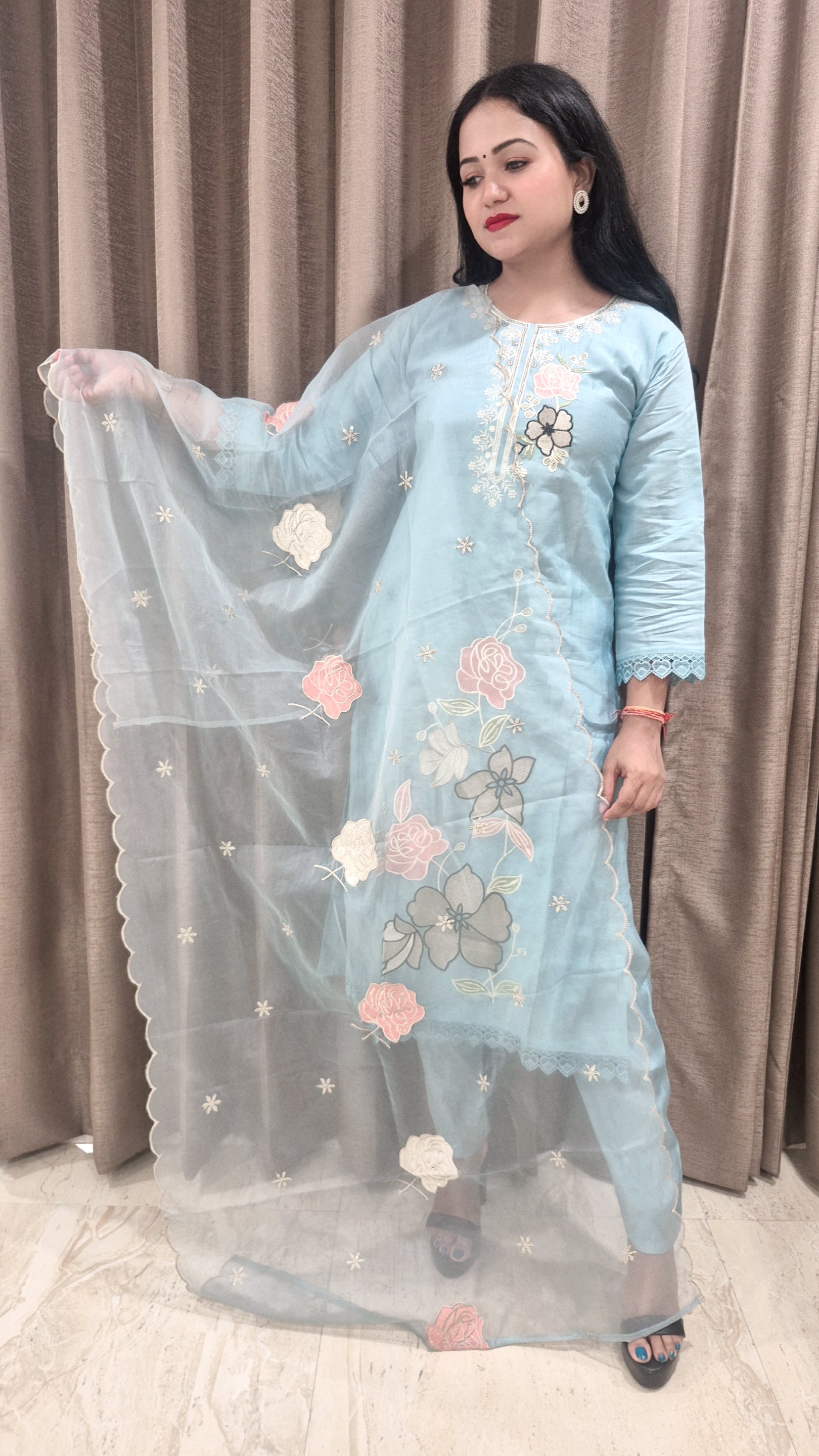 Embroidered Straight Kurta With Trouser & Dupatta Set