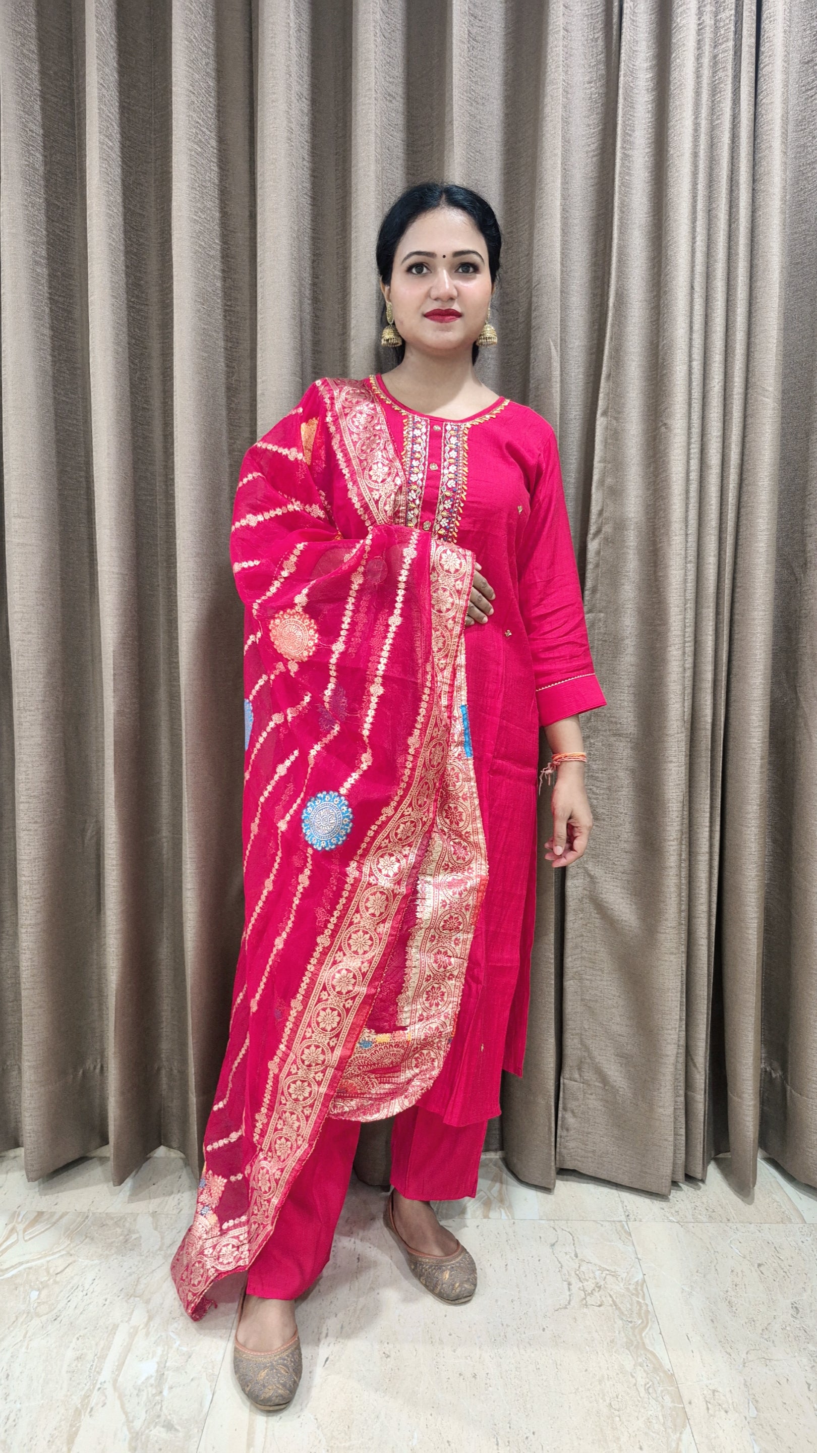 Woven design Kurta with Trousers And Dupatta