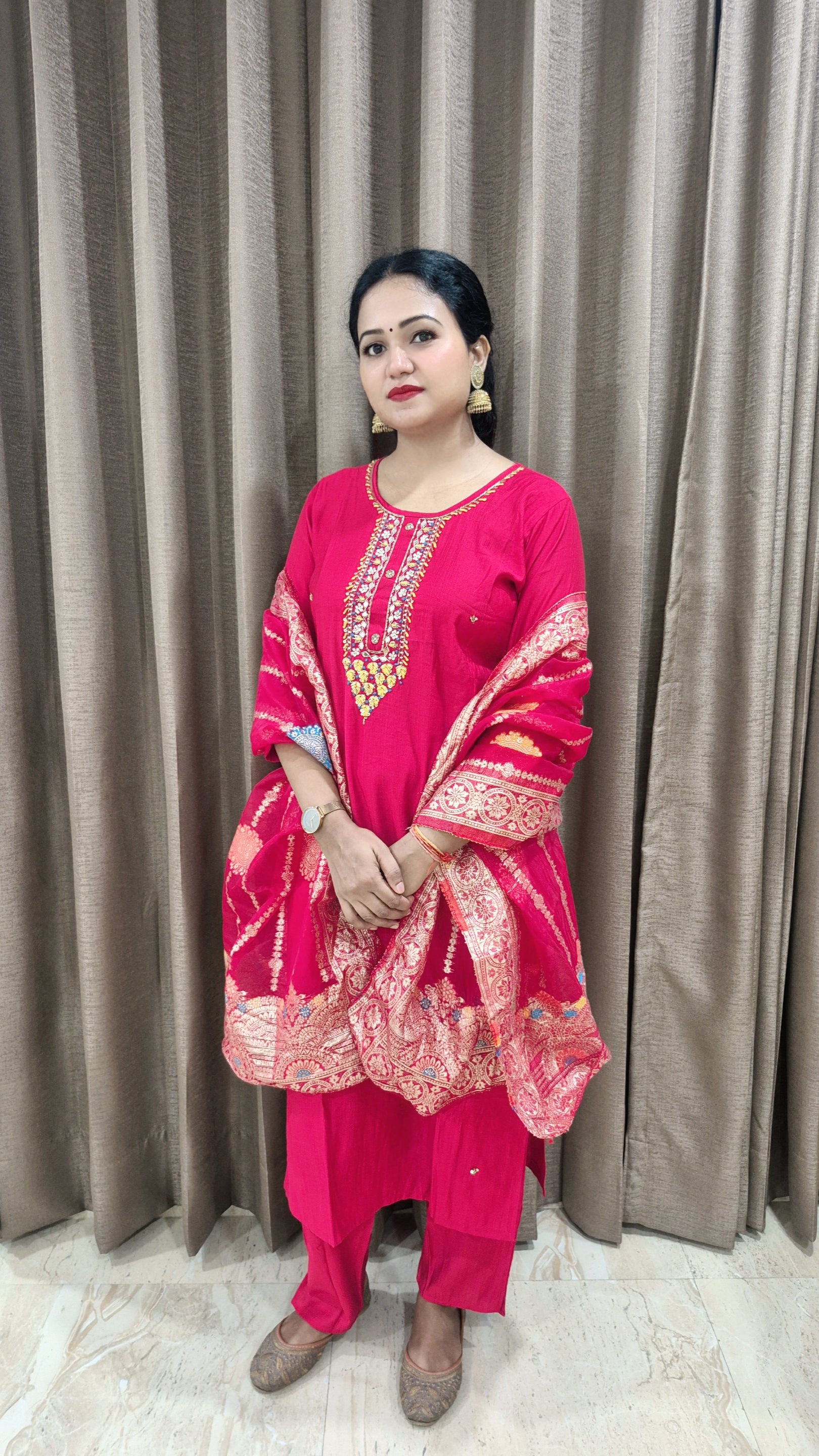 Woven design Kurta with Trousers And Dupatta