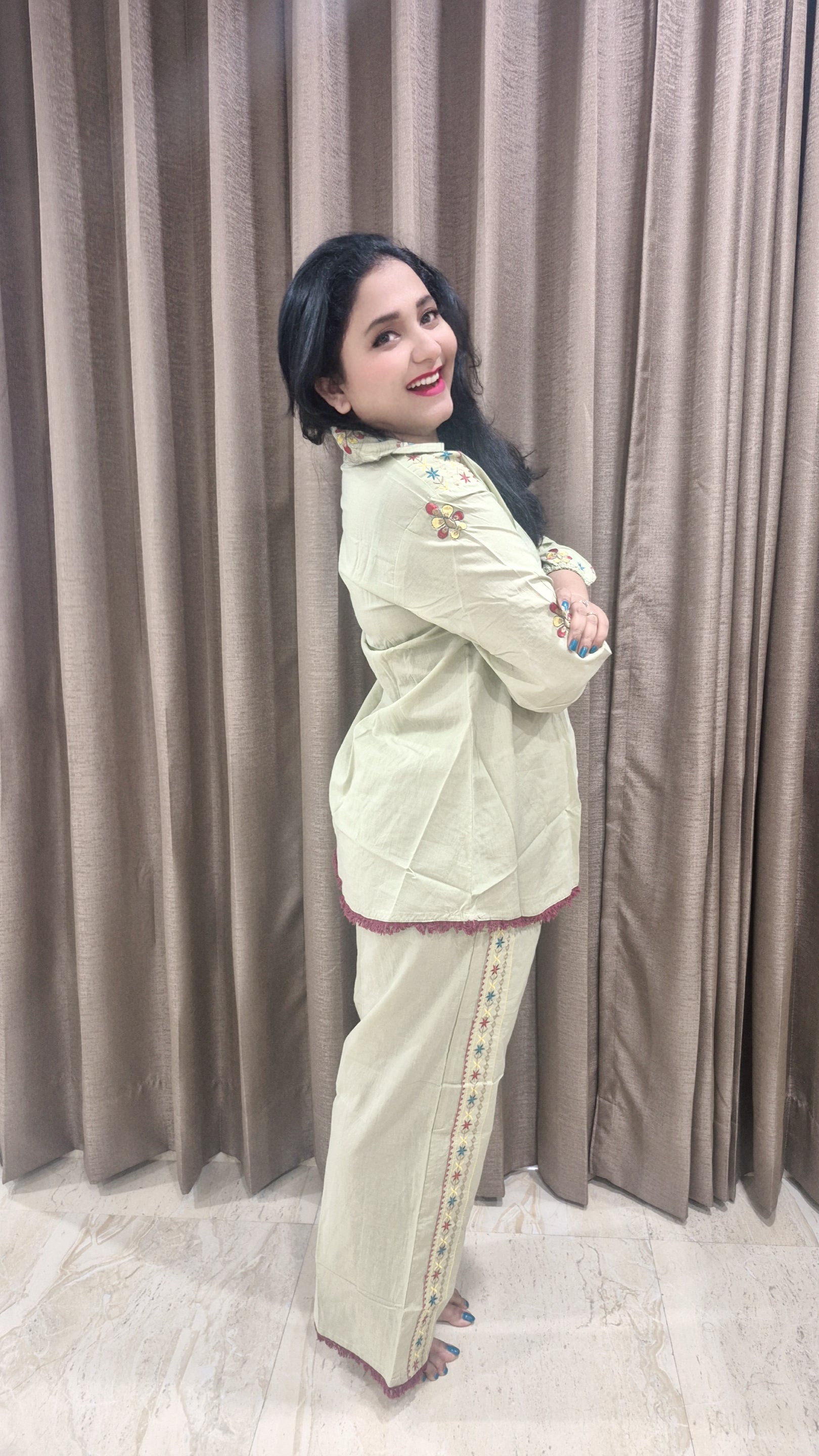 Women Cotton Embroidered Top With Palazzos (Co-Ord Set)