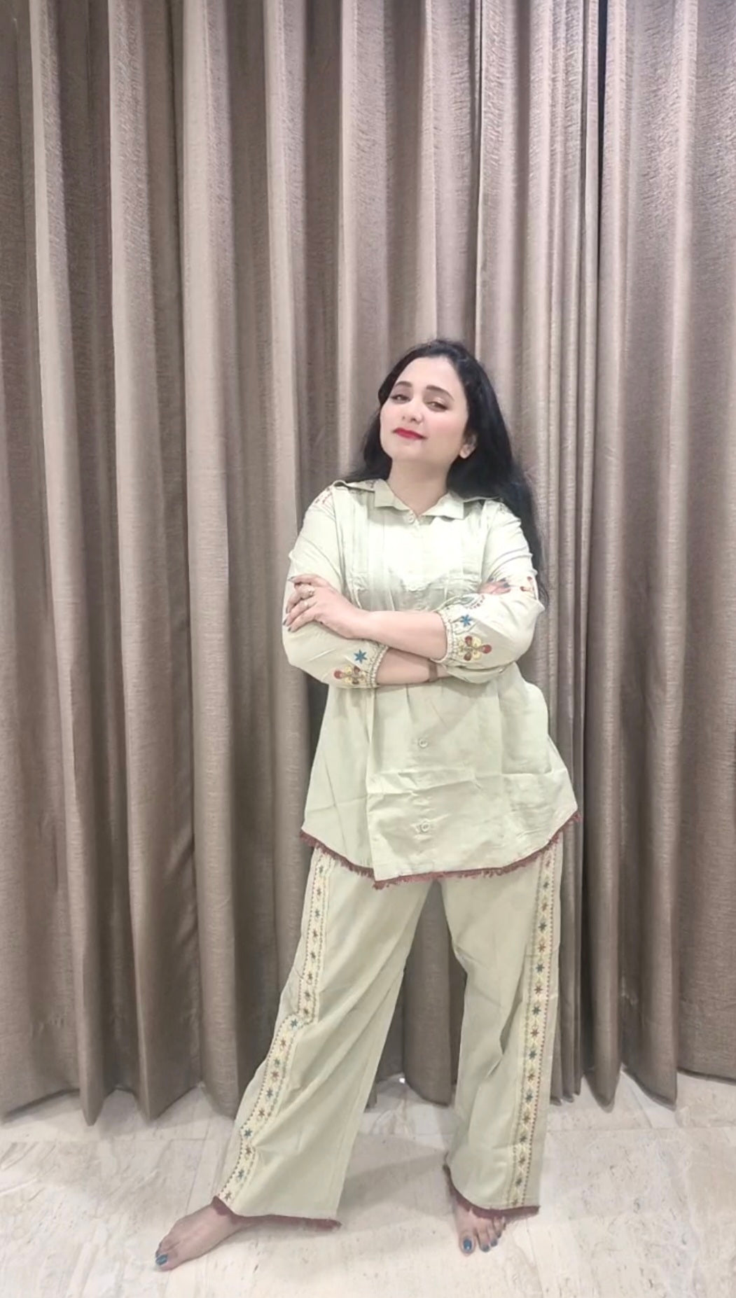 Women Cotton Embroidered Top With Palazzos (Co-Ord Set)