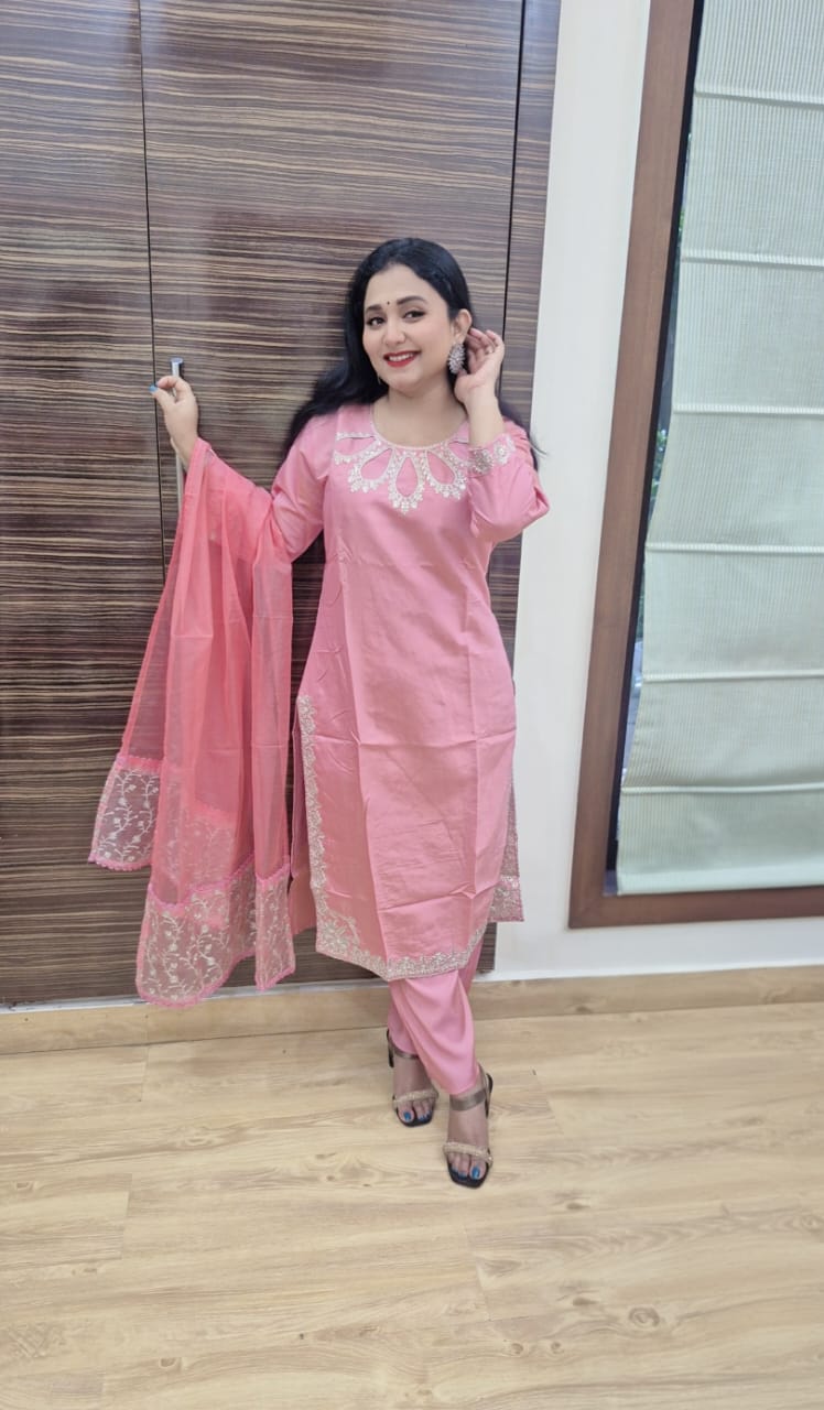 Women Floral Yoke Design Regular Sequinned Kurta with Trousers Dupatta